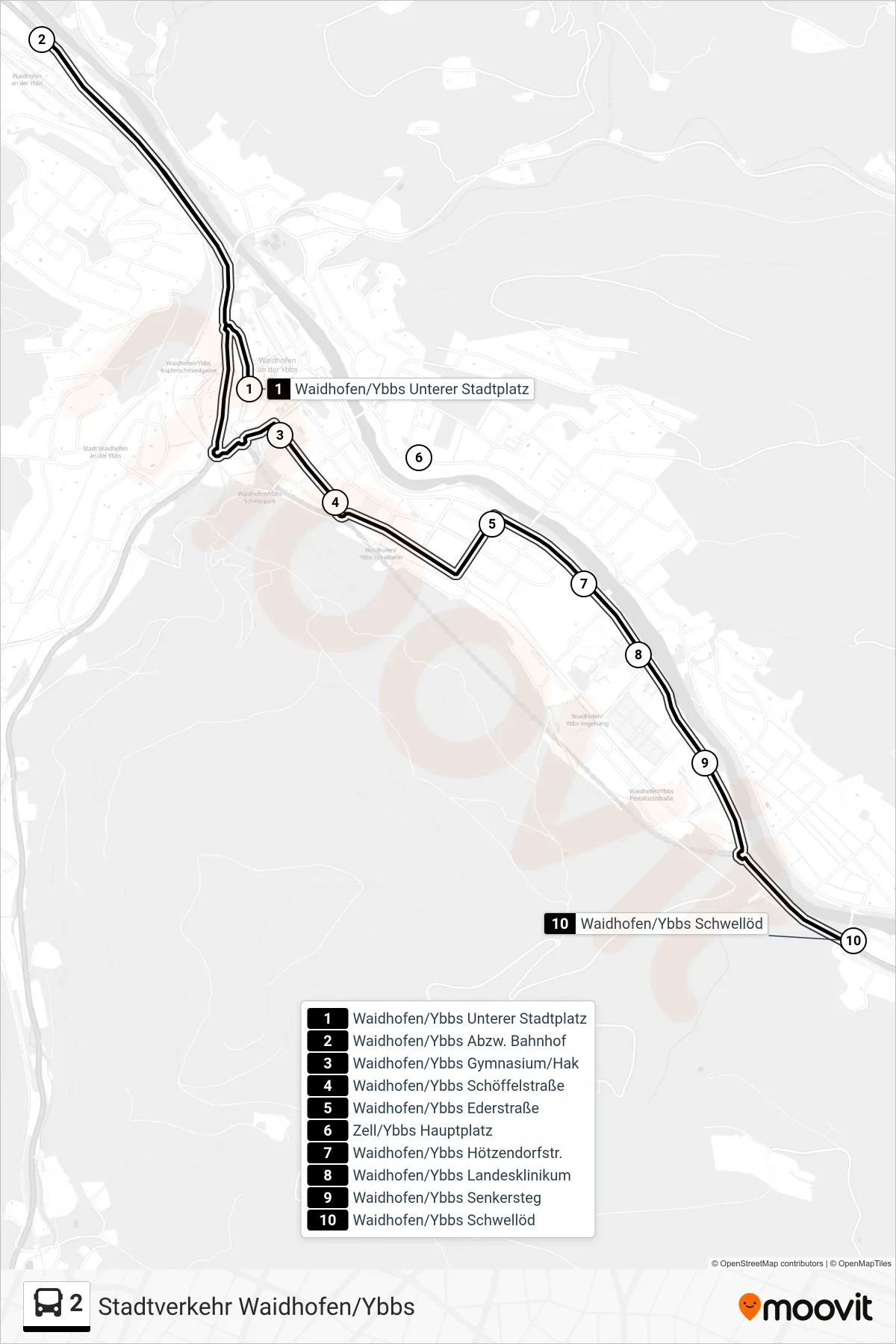 2 bus Line (Waidhofen/Ybbs Schwellöd) route and stops on a map