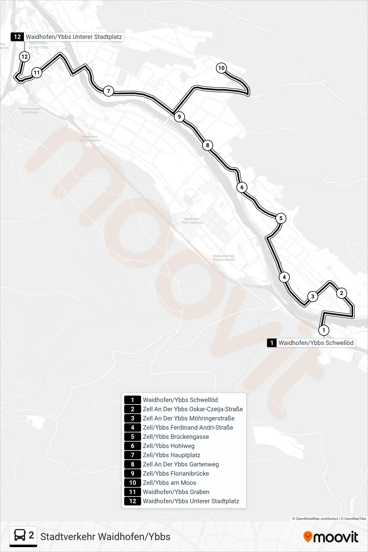Linie 2 (Bus) Richtung Waidhofen/Ybbs Unterer Stadtplatz: Route und Haltestellen auf der Karte
