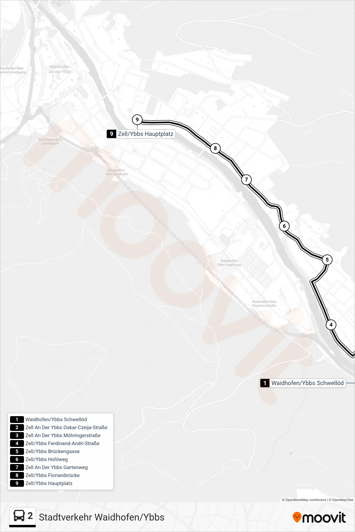 2 bus Line (Zell/Ybbs Hauptplatz) route and stops on a map