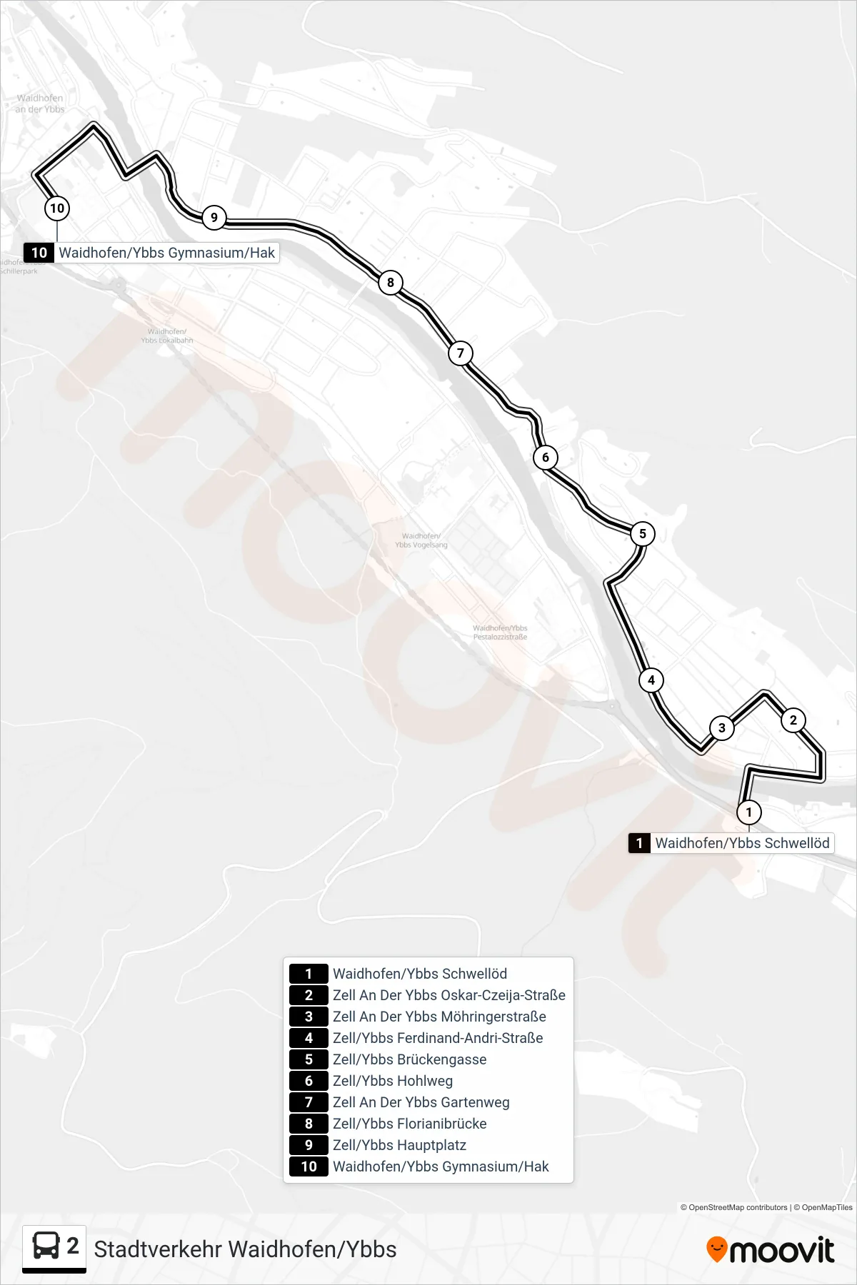 2 bus Line (Waidhofen/Ybbs Gymnasium/Hak) route and stops on a map