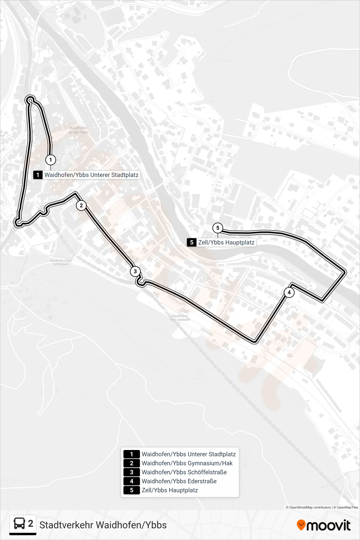 2 bus Line (Zell/Ybbs Hauptplatz) route and stops on a map