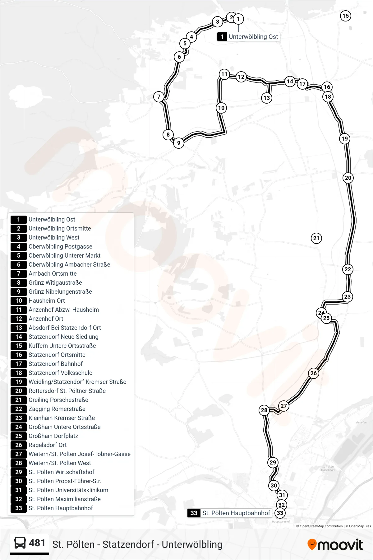 481 bus Line (St. Pölten Hauptbahnhof) route and stops on a map