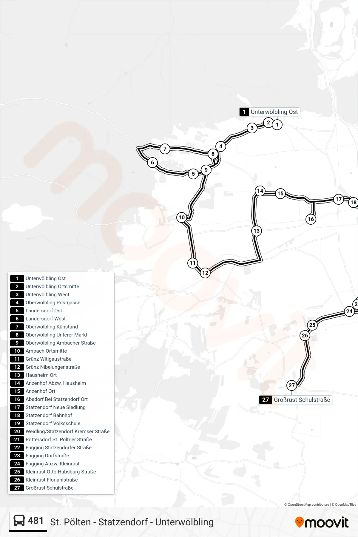 481 bus Line (Großrust Schulstraße) route and stops on a map