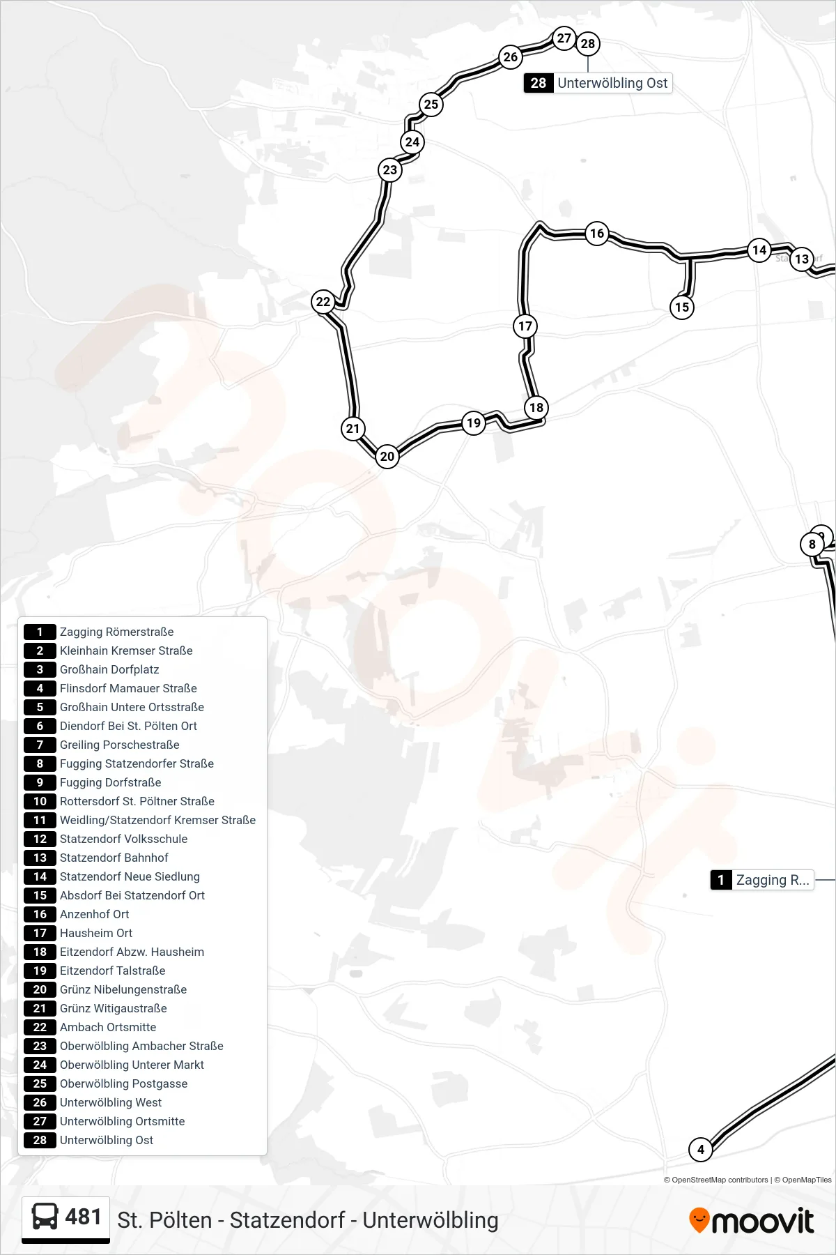 481 bus Line (Unterwölbling Ost) route and stops on a map