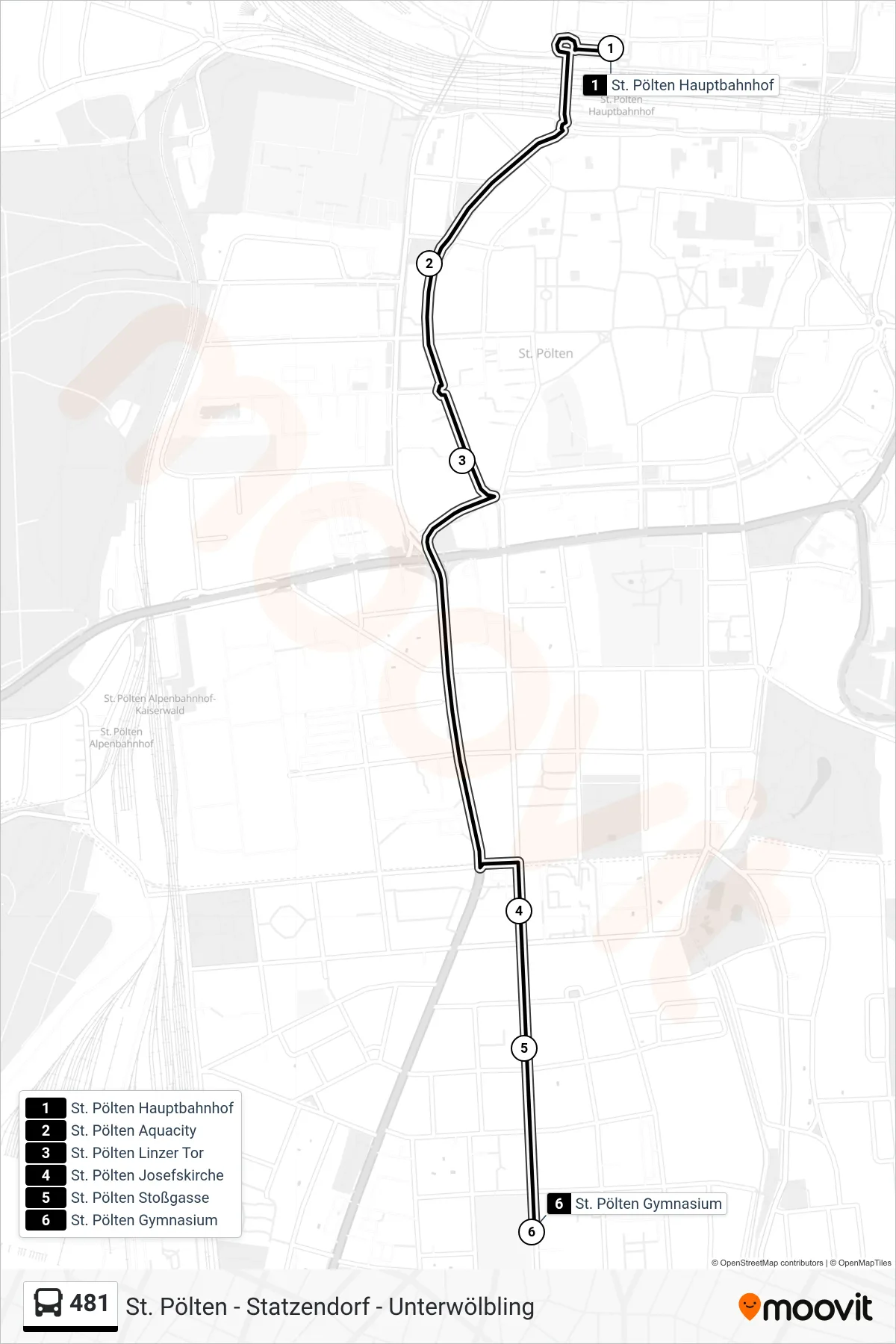 481 bus Line (St. Pölten Gymnasium) route and stops on a map
