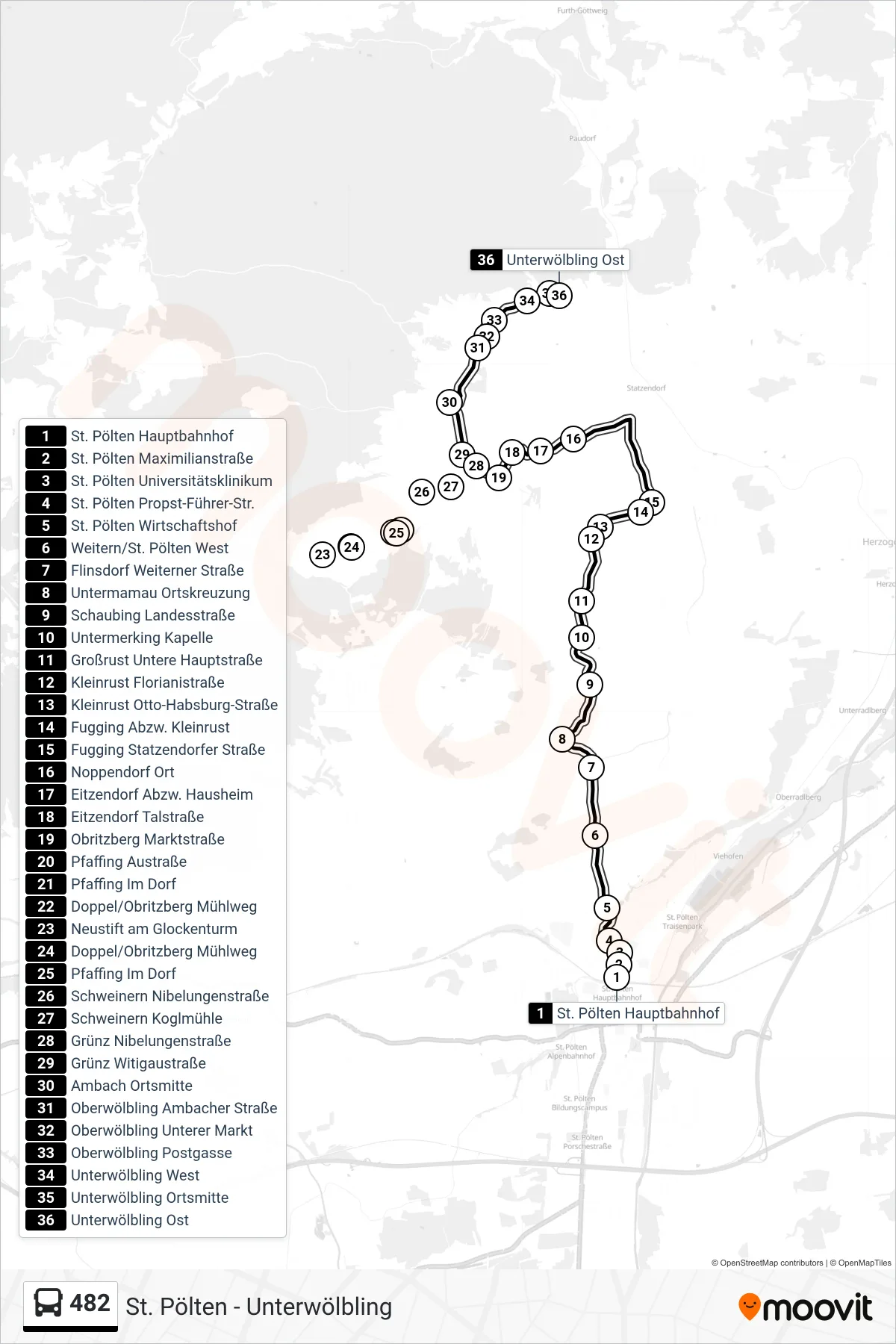 482 bus Line (Unterwölbling Ost) route and stops on a map