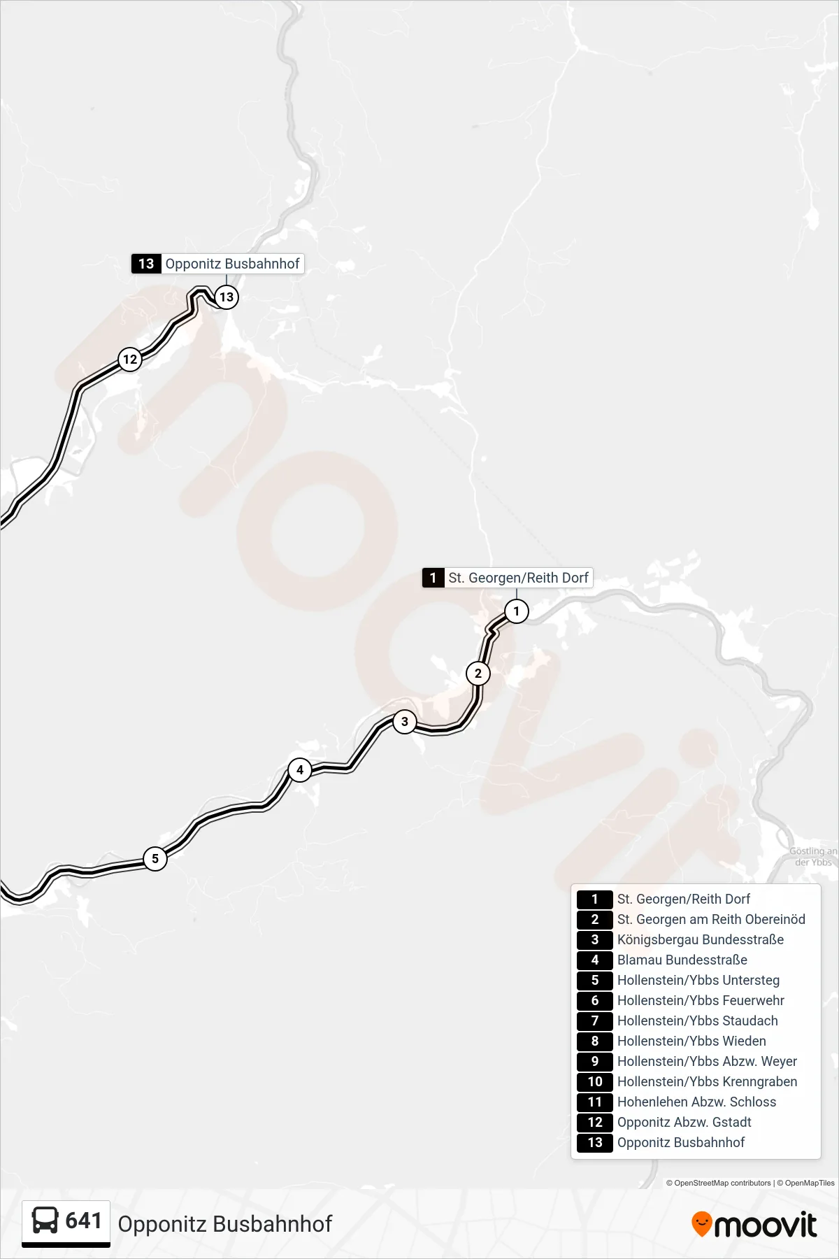 Linie 641 (Bus) Richtung Opponitz Busbahnhof: Route und Haltestellen auf der Karte