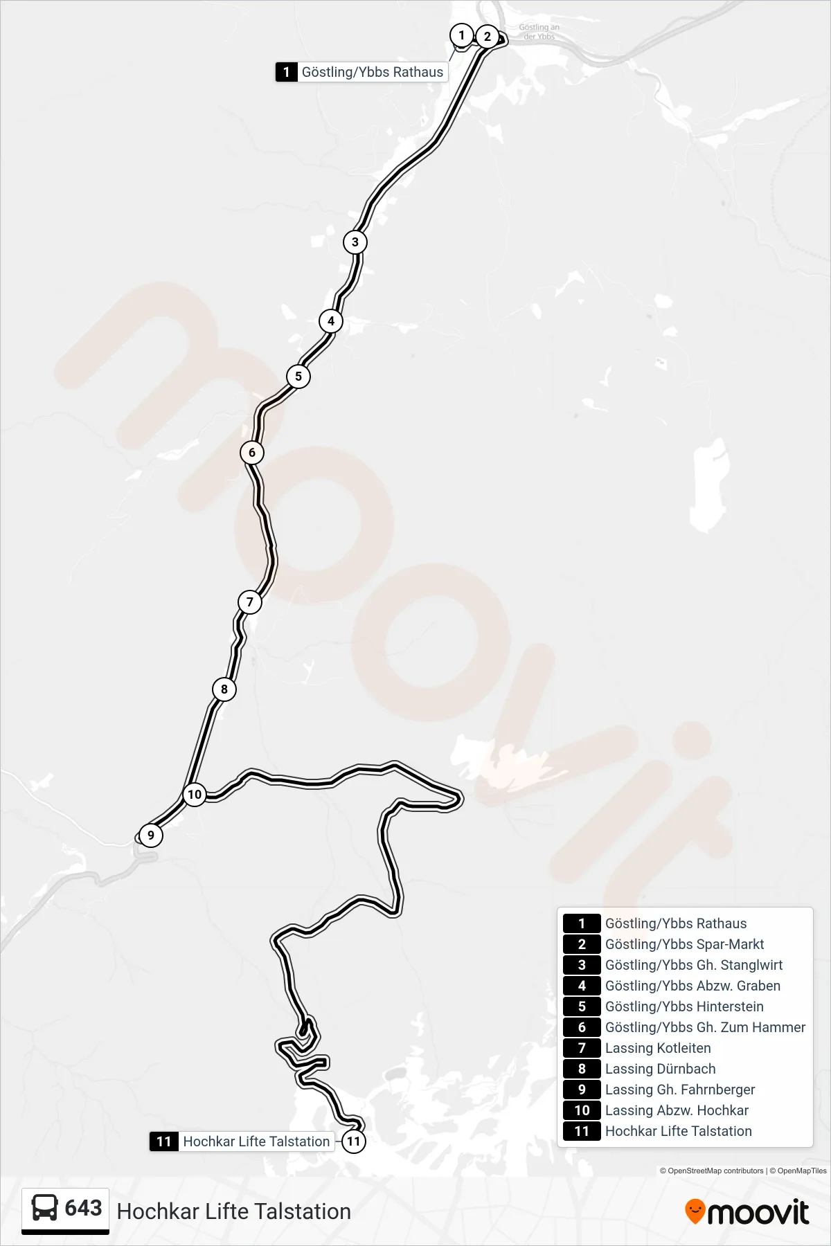 643 bus Line (Hochkar Lifte Talstation) route and stops on a map