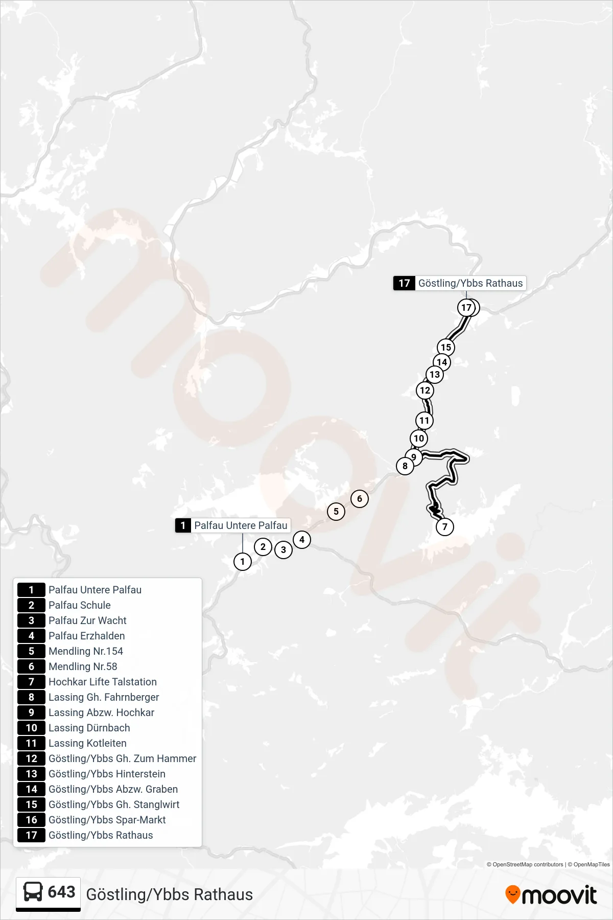 643 bus Line (Göstling/Ybbs Rathaus) route and stops on a map