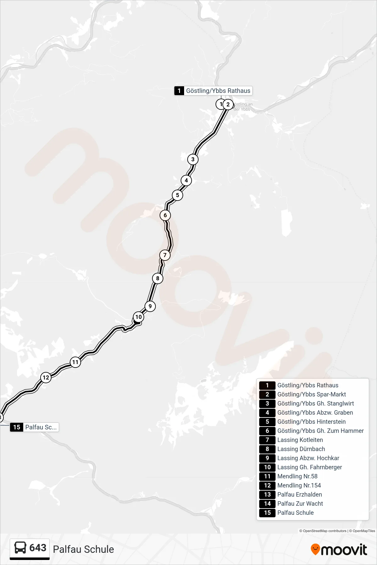 643 bus Line (Palfau Schule) route and stops on a map