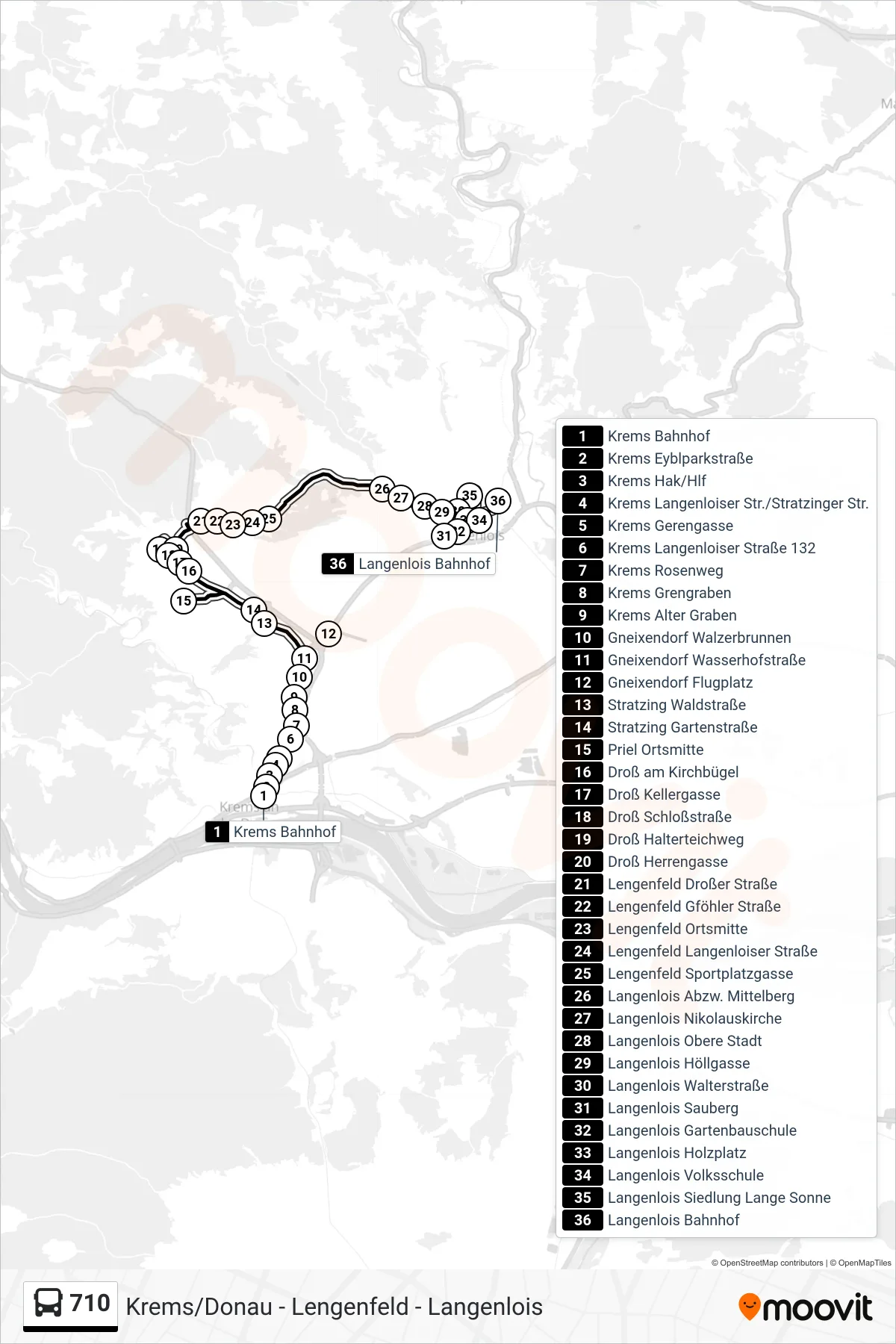 Linie 710 (Bus) Richtung Langenlois Bahnhof: Route und Haltestellen auf der Karte