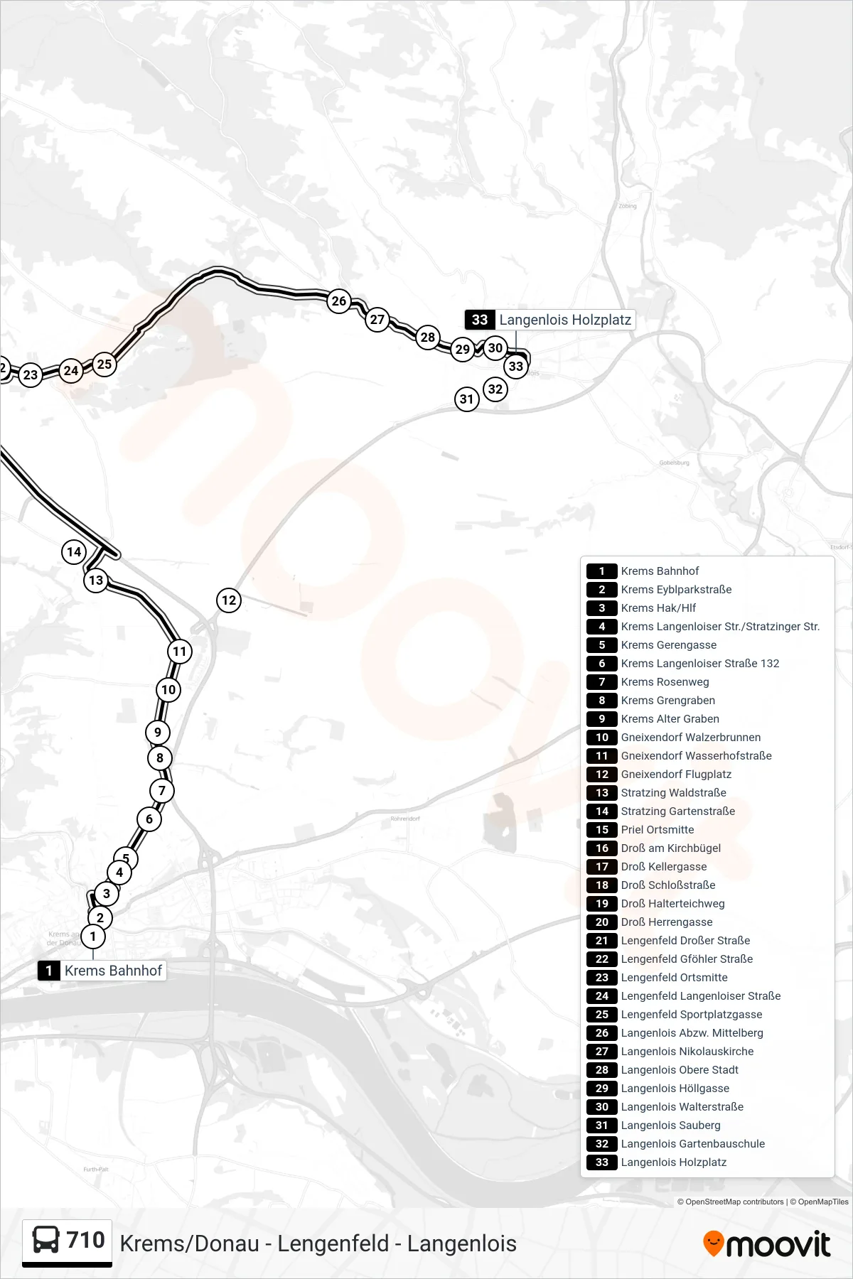 710 bus Line (Langenlois Holzplatz) route and stops on a map