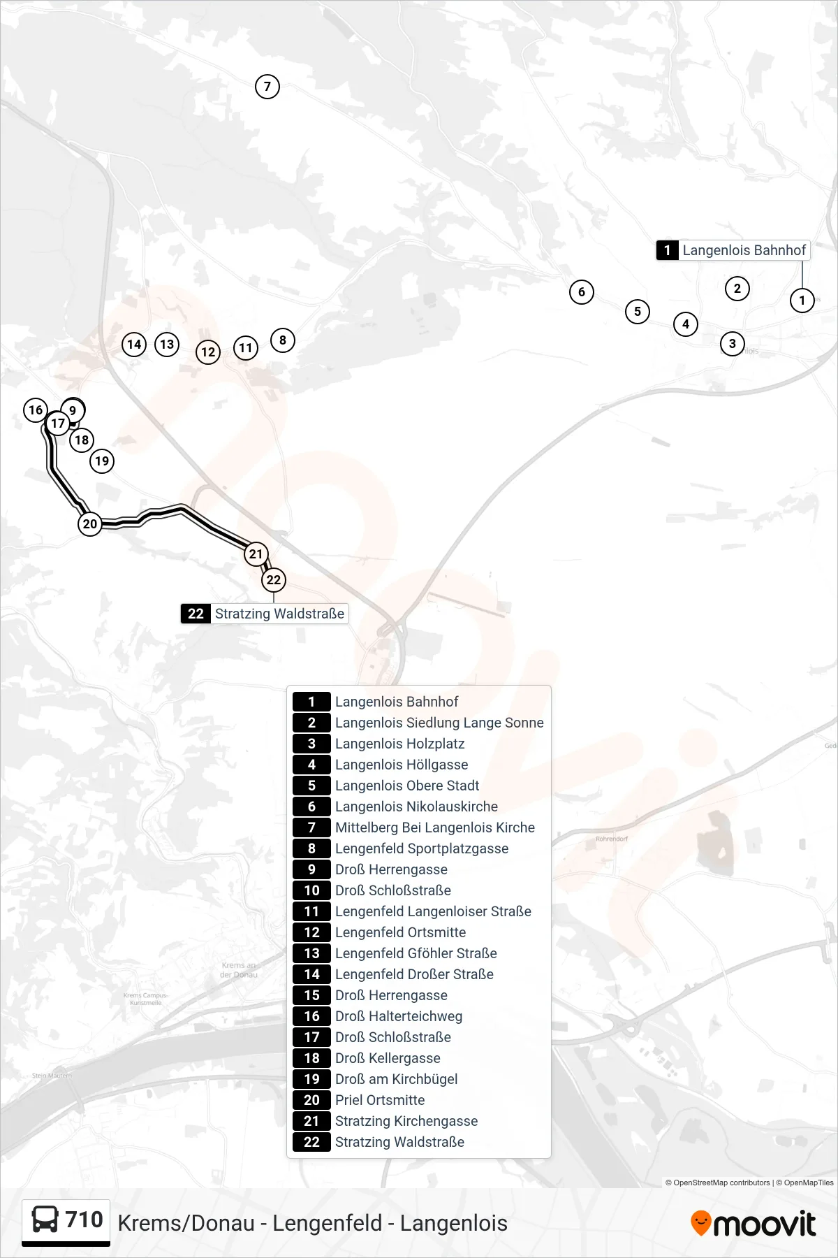 710 bus Line (Stratzing Waldstraße) route and stops on a map