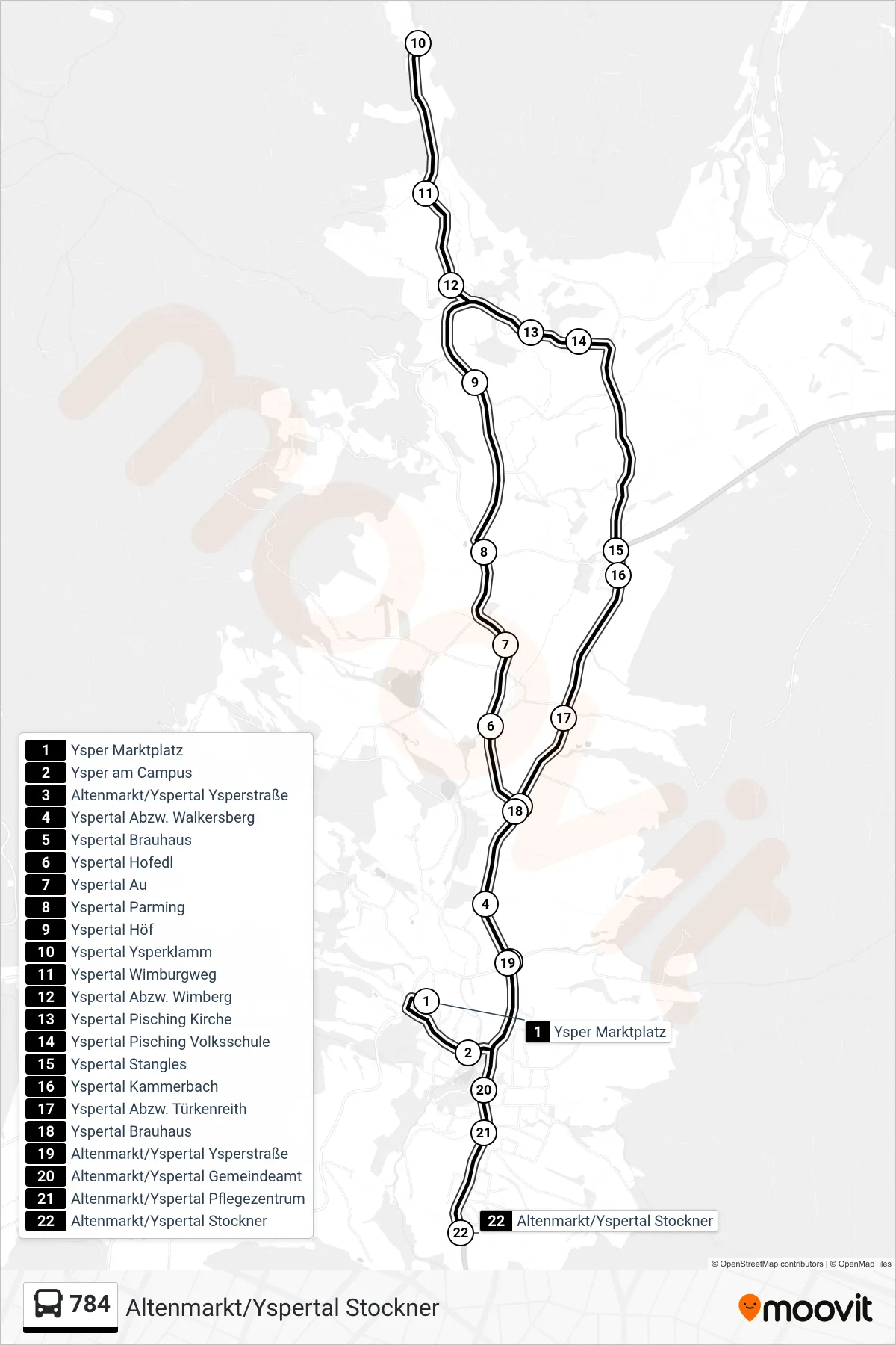 784 bus Line (Altenmarkt/Yspertal Stockner) route and stops on a map
