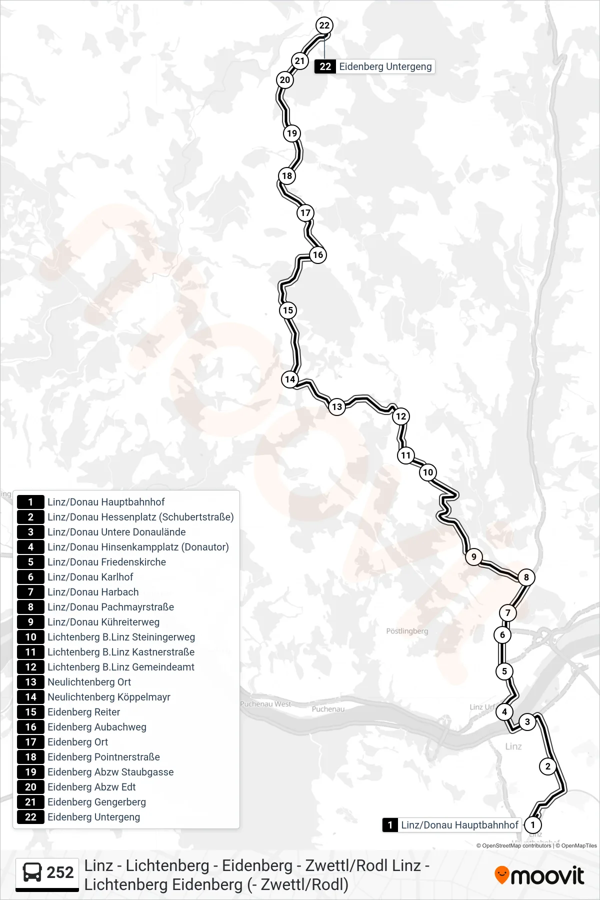 252 tram Line (Eidenberg Untergeng) route and stops on a map