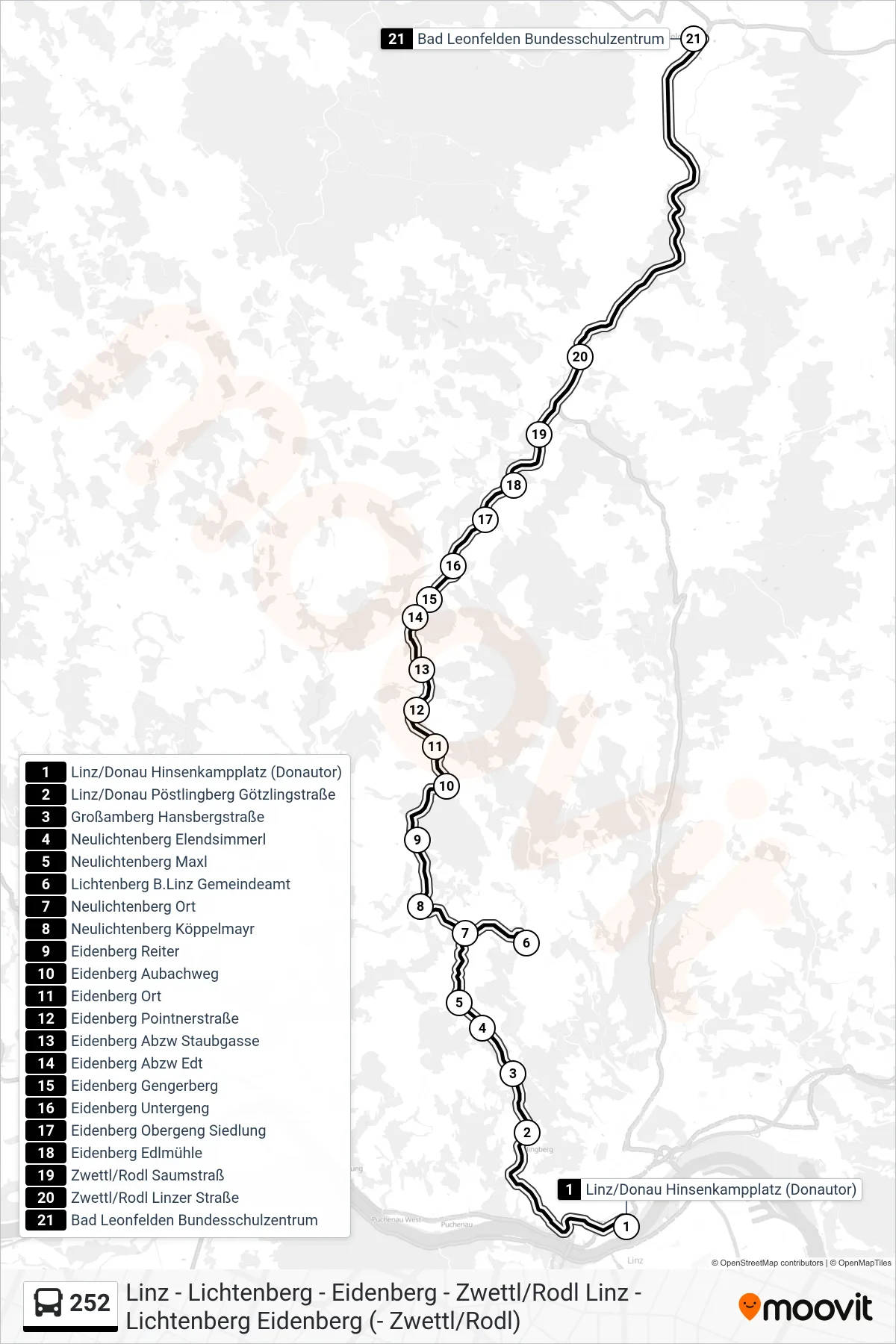Linie 252 (Tram) Richtung Bad Leonfelden Bundesschulzentrum: Route und Haltestellen auf der Karte