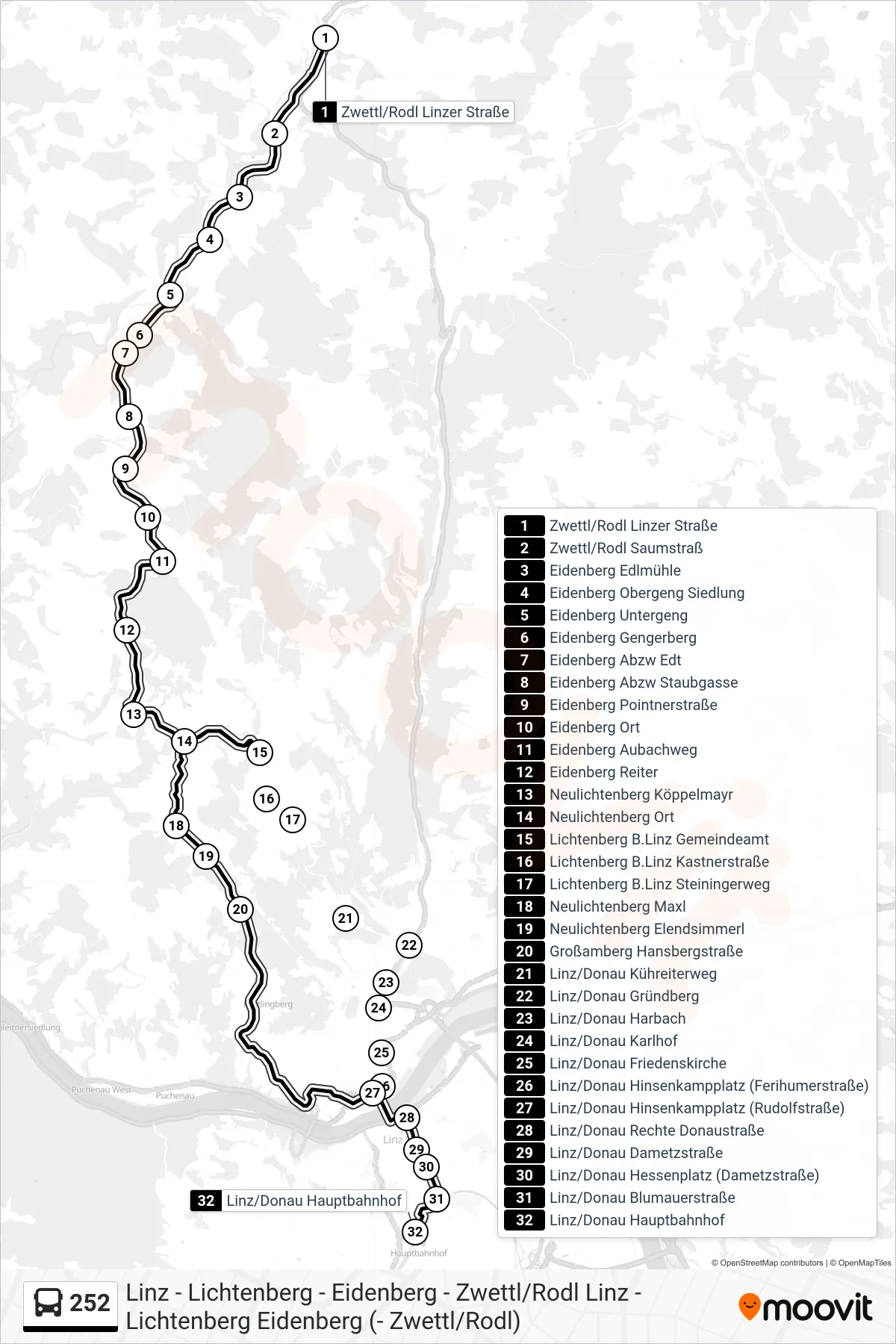 Linie 252 (Tram) Richtung Linz/Donau Hauptbahnhof: Route und Haltestellen auf der Karte