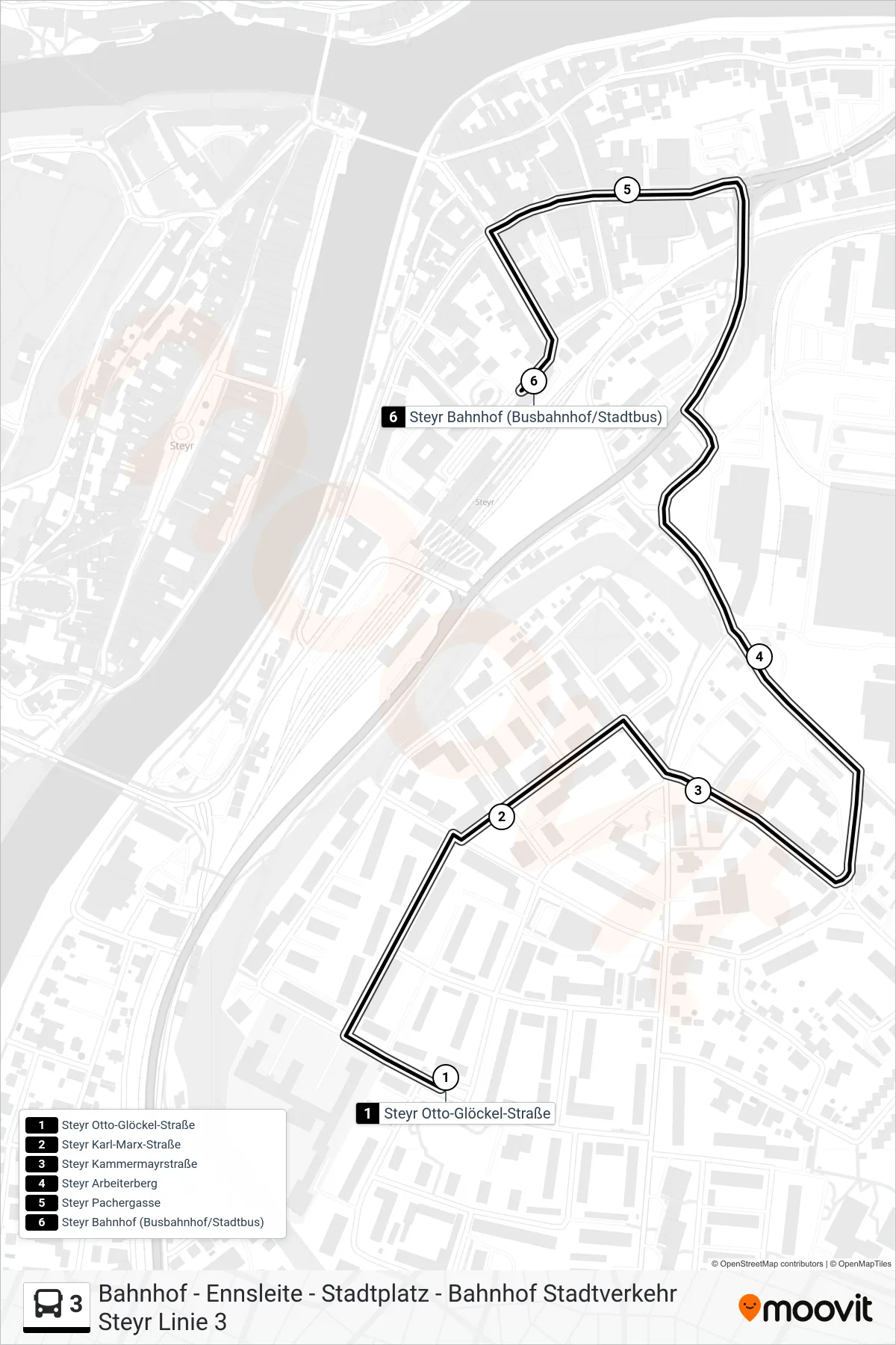 3 bus Line (Bahnhof) route and stops on a map
