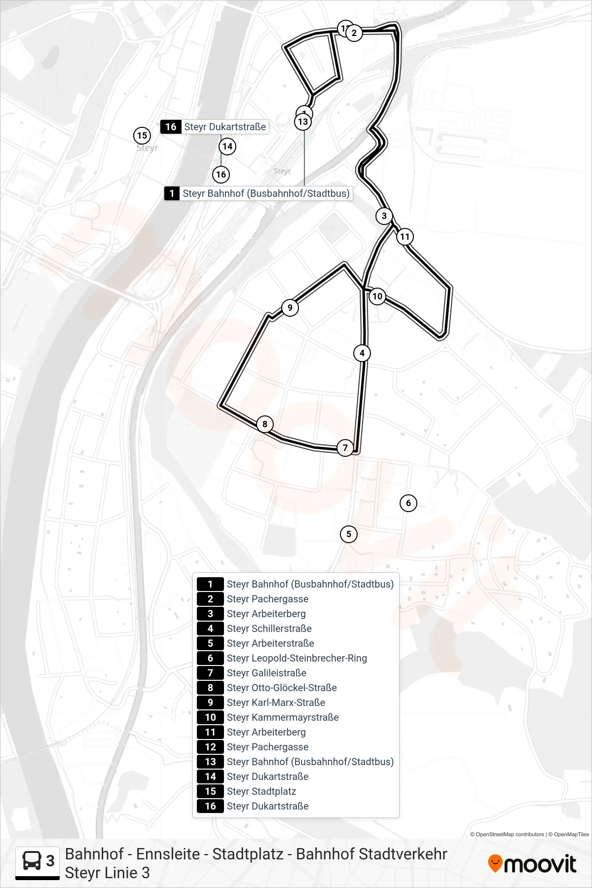 Linie 3 (Bus) Richtung Steyr Bahnhof (Busbahnhof/Stadtbus): Route und Haltestellen auf der Karte