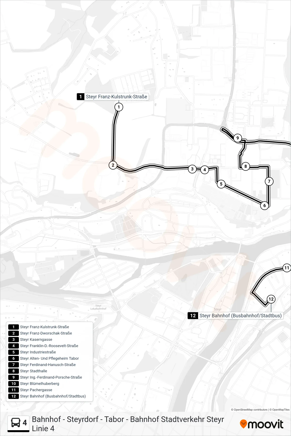 4 bus Line (Bahnhof) route and stops on a map