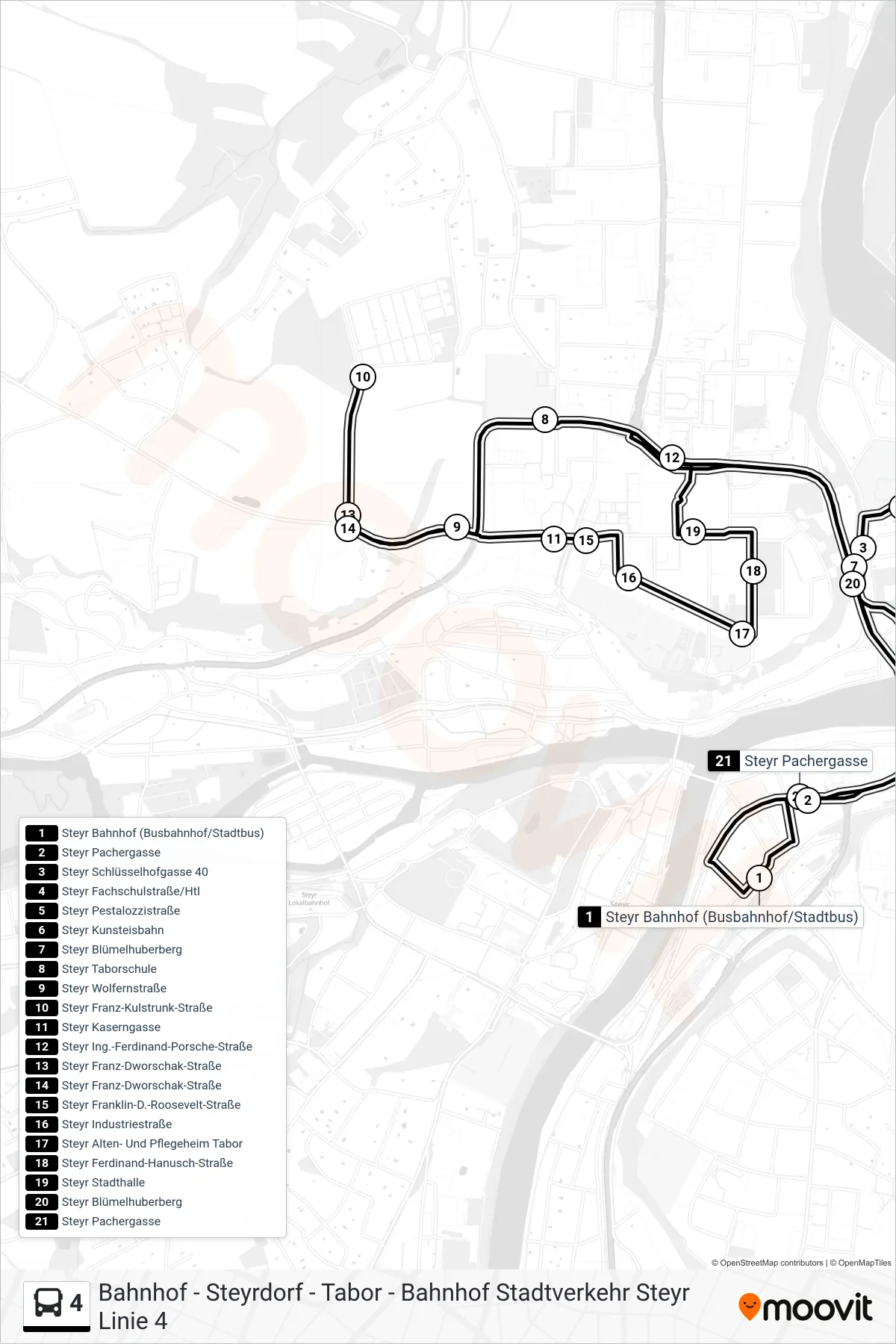 Linie 4 (Bus) Richtung Steyr Bahnhof (Busbahnhof/Stadtbus): Route und Haltestellen auf der Karte