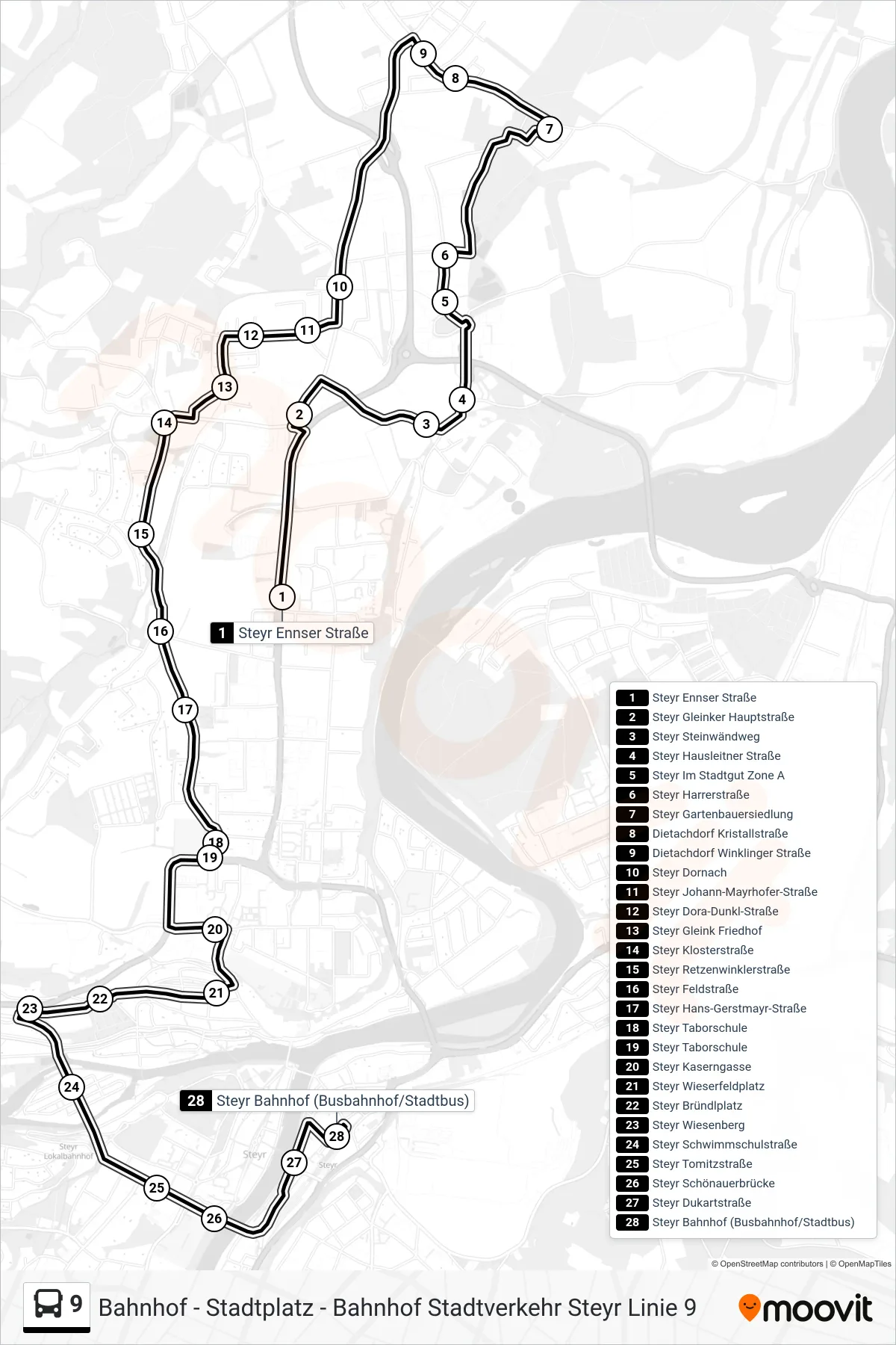 Linie 9 (Bus) Richtung Dietachdorf Via Stadtgut Steyr: Route und Haltestellen auf der Karte