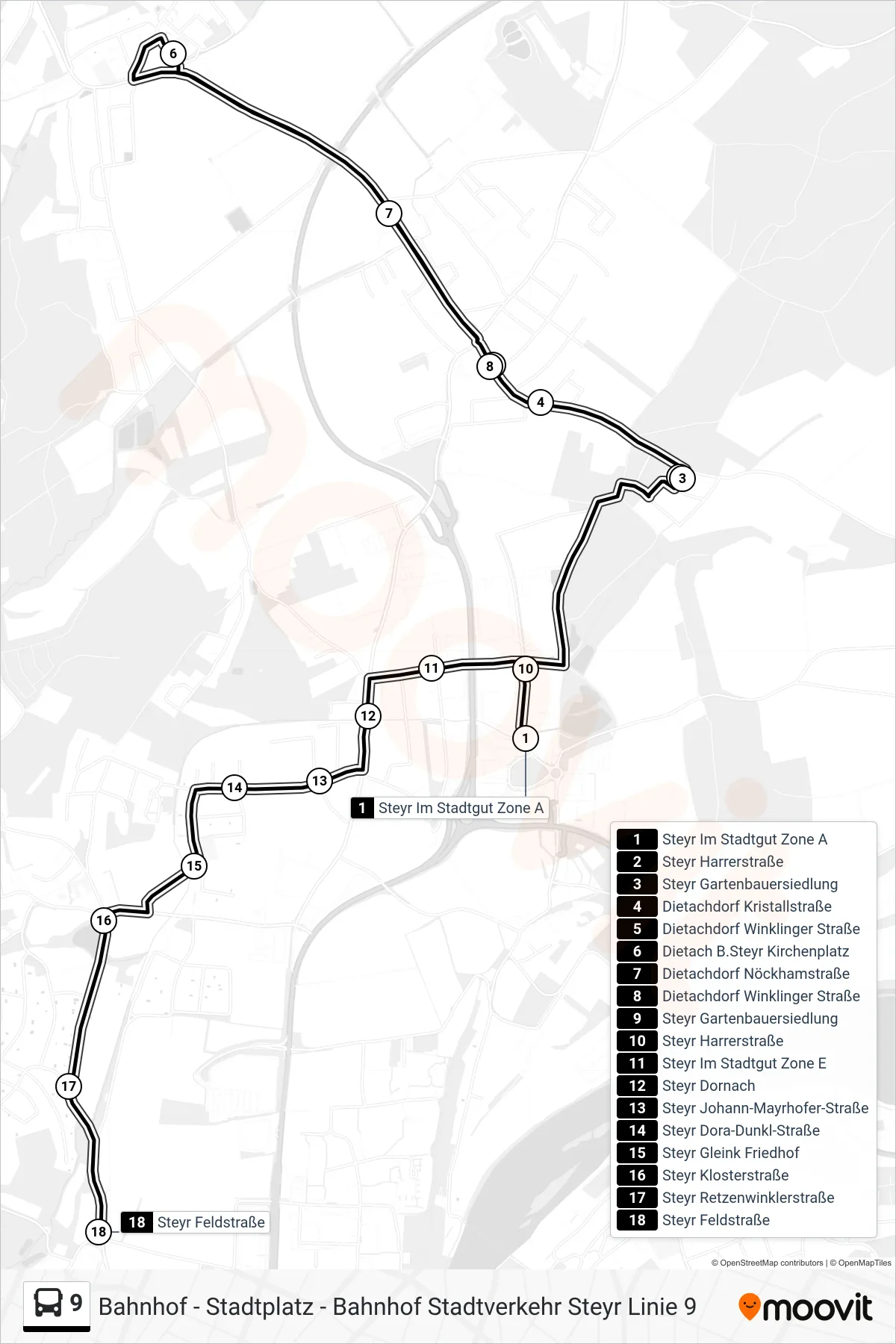9 bus Line (Dietach - Gleink) route and stops on a map