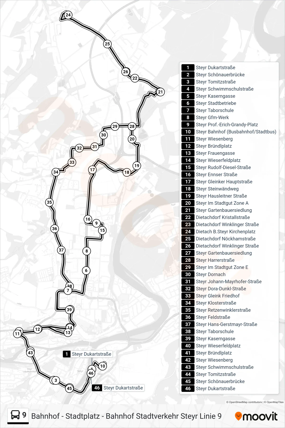 9 bus Line (Gleink - Dietach Via Stadtgut Steyr) route and stops on a map