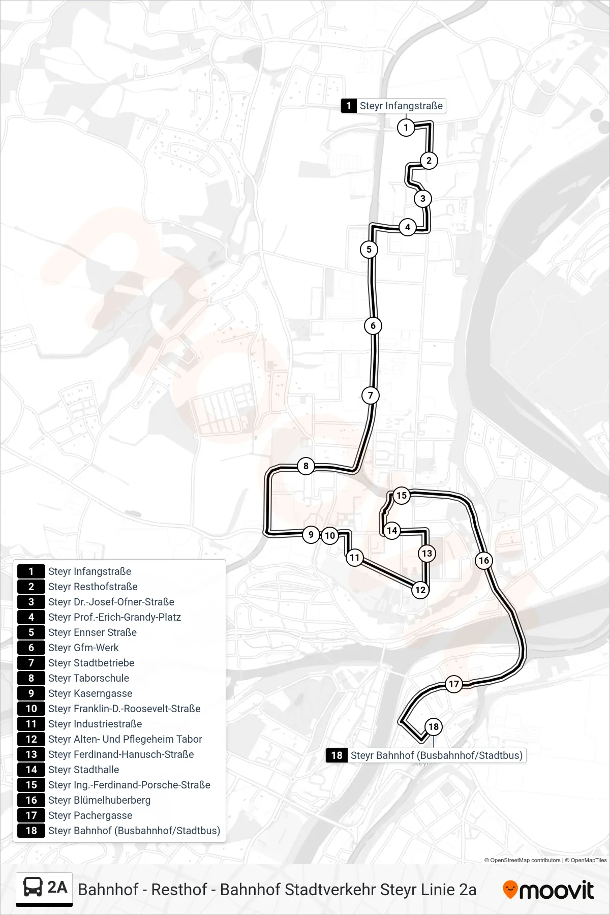 2A bus Line (Tabor - Bahnhof) route and stops on a map