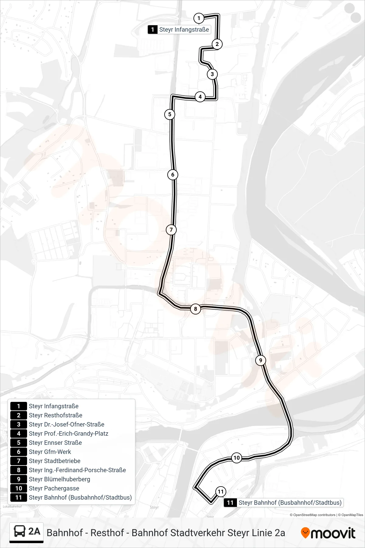 2A bus Line (Bahnhof) route and stops on a map