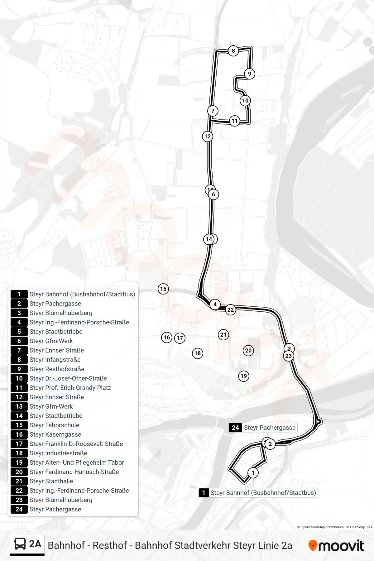 Linie 2A (Bus) Richtung Steyr Bahnhof (Busbahnhof/Stadtbus): Route und Haltestellen auf der Karte