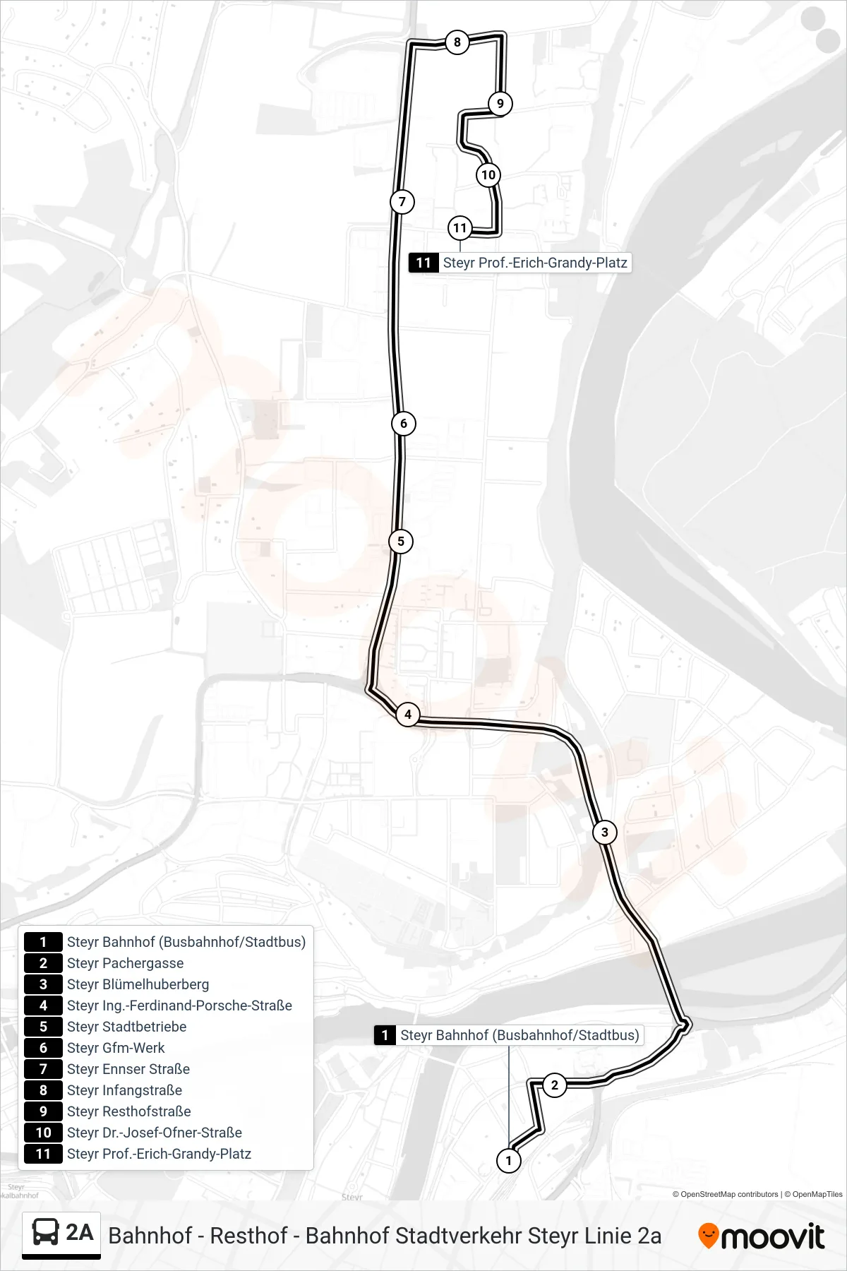 2A bus Line (Steyr Prof.-Erich-Grandy-Platz) route and stops on a map