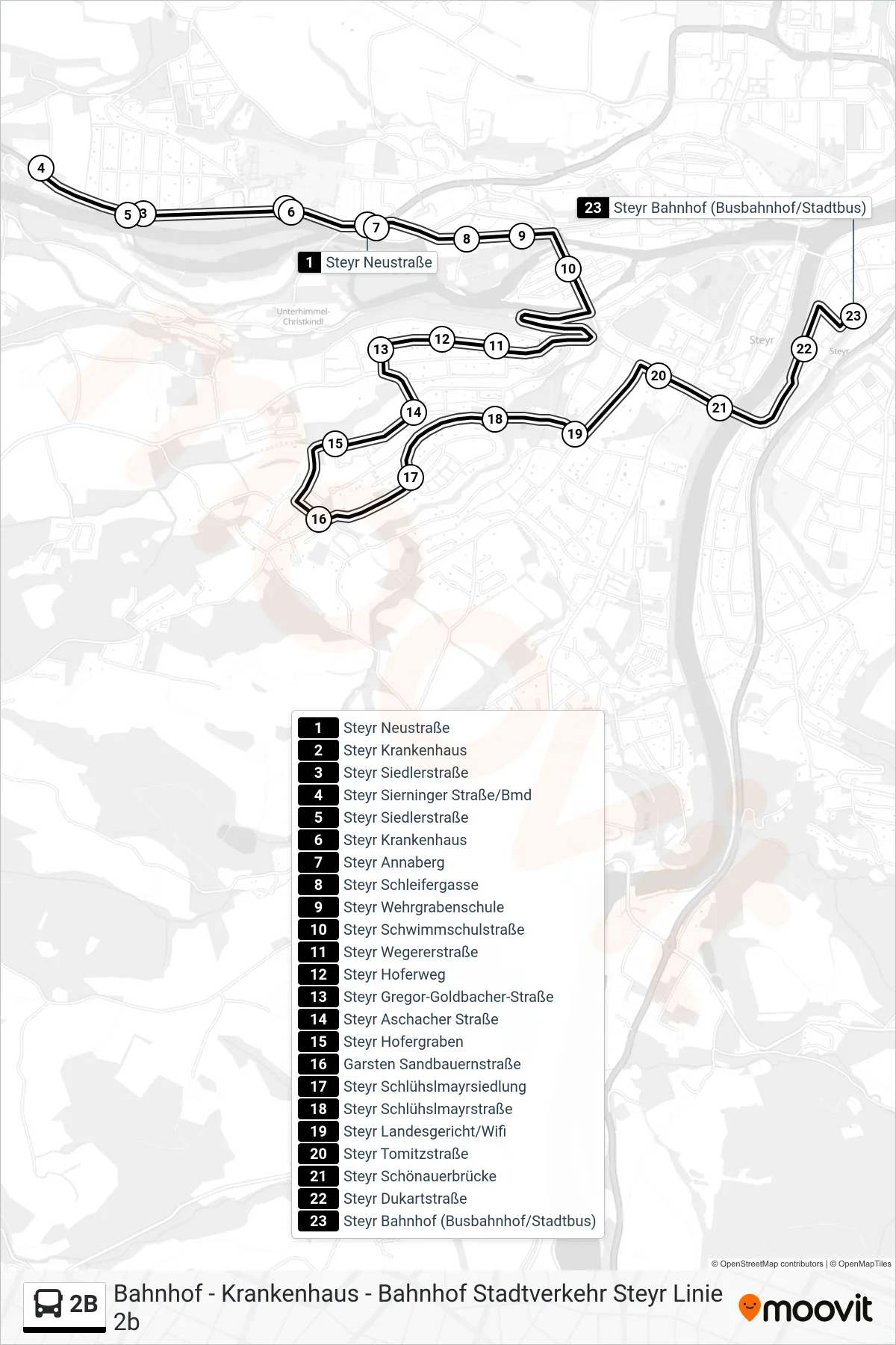Linie 2B (Bus) Richtung Bahnhof: Route und Haltestellen auf der Karte