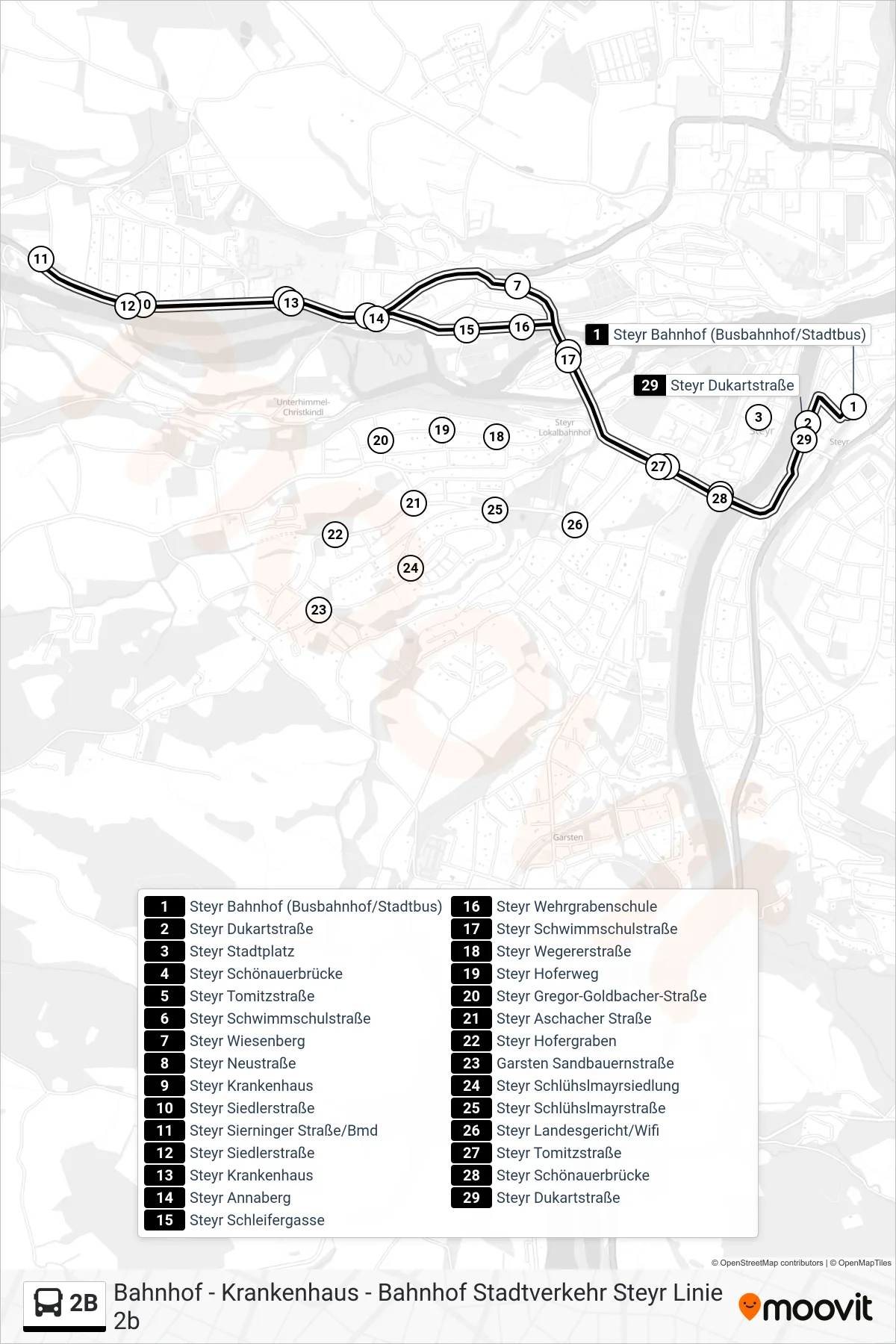 2B bus Line (Steyr Bahnhof (Busbahnhof/Stadtbus)) route and stops on a map