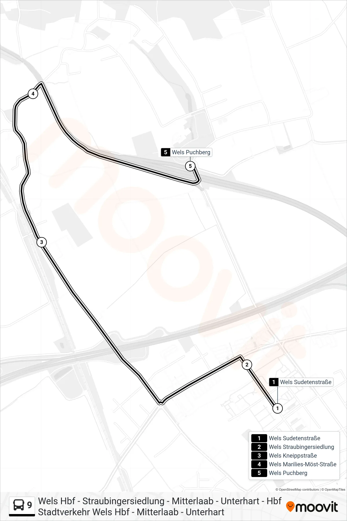 9 bus Line (Wels Puchberg) route and stops on a map
