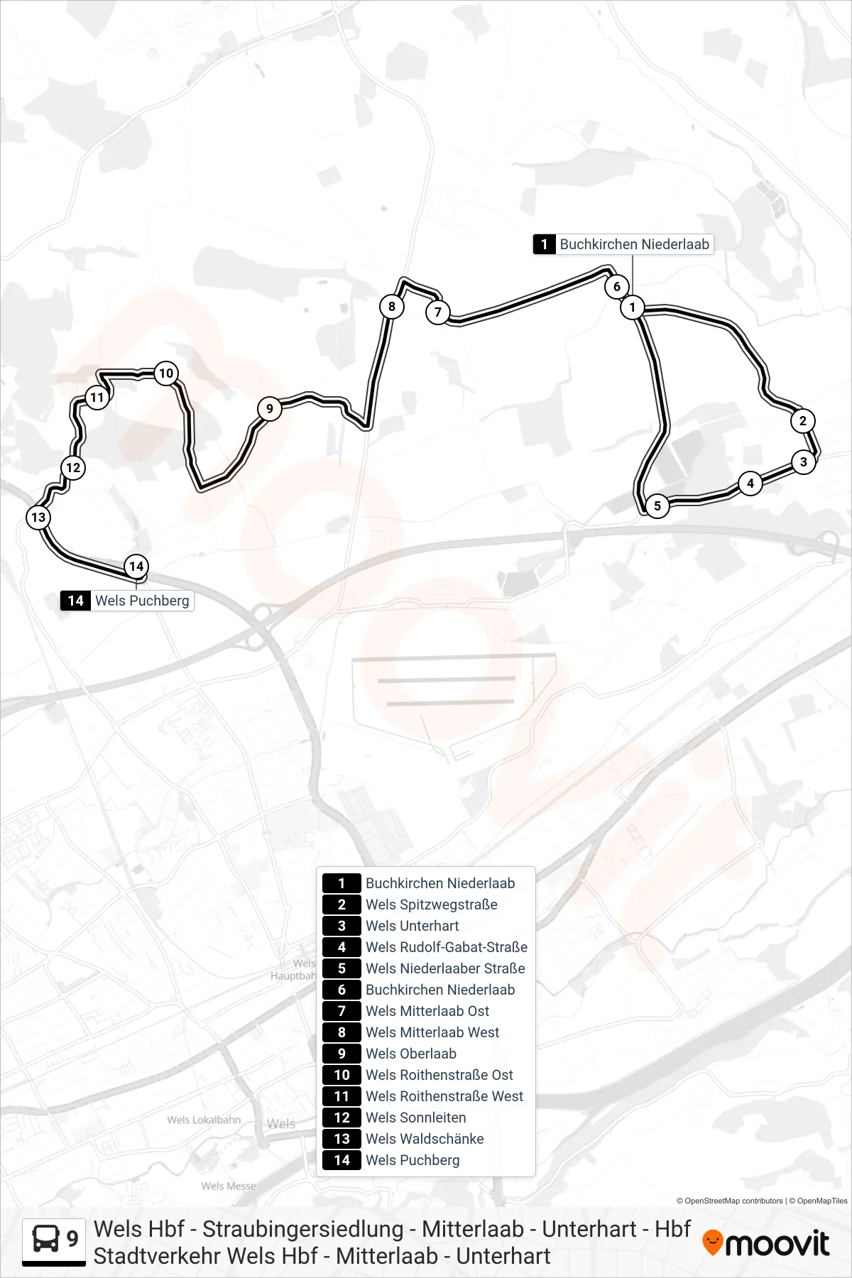 9 bus Line (Wels Puchberg) route and stops on a map