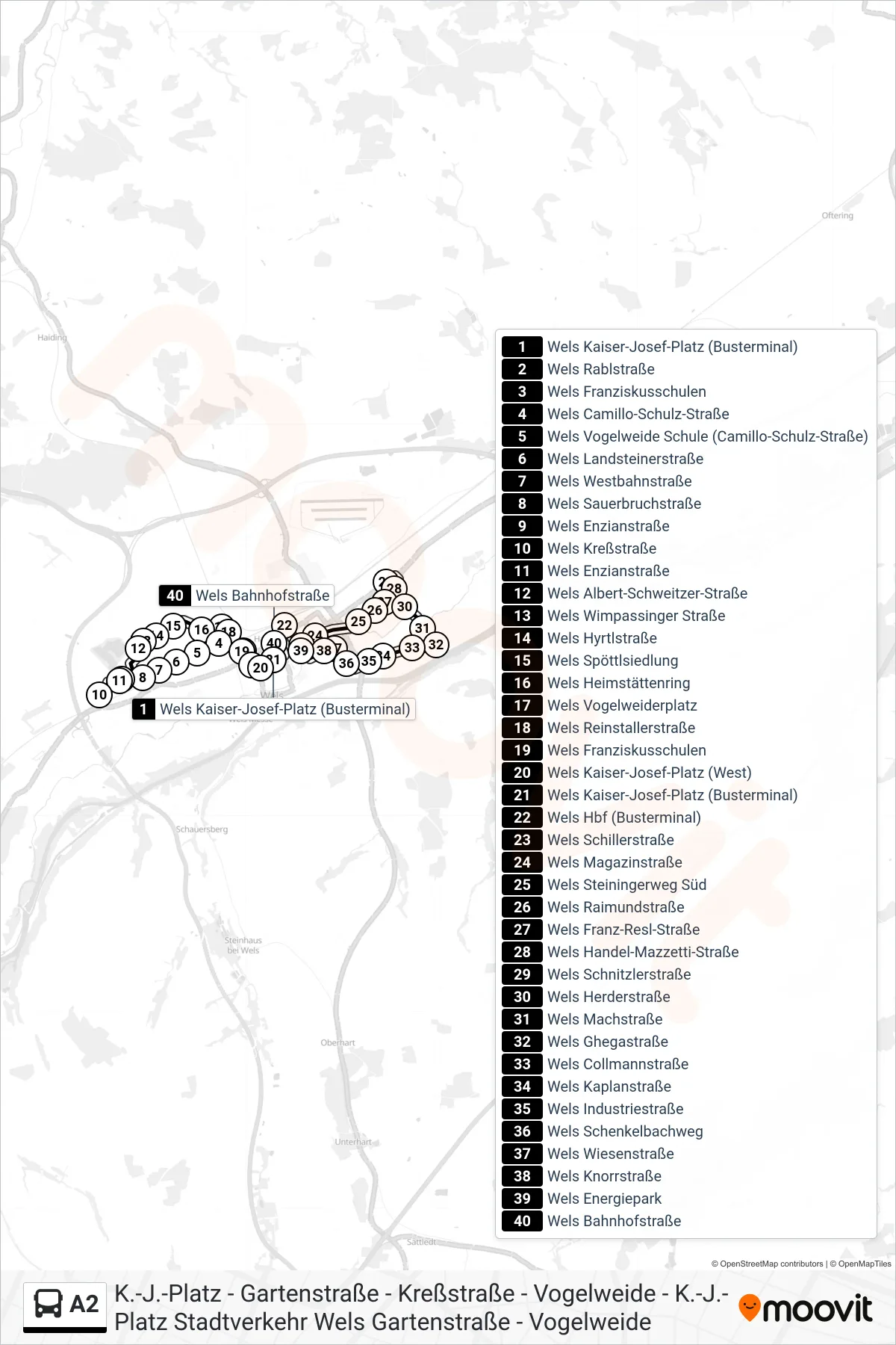 A2 bus Line (Wels Kaiser-Josef-Platz (Busterminal)) route and stops on a map