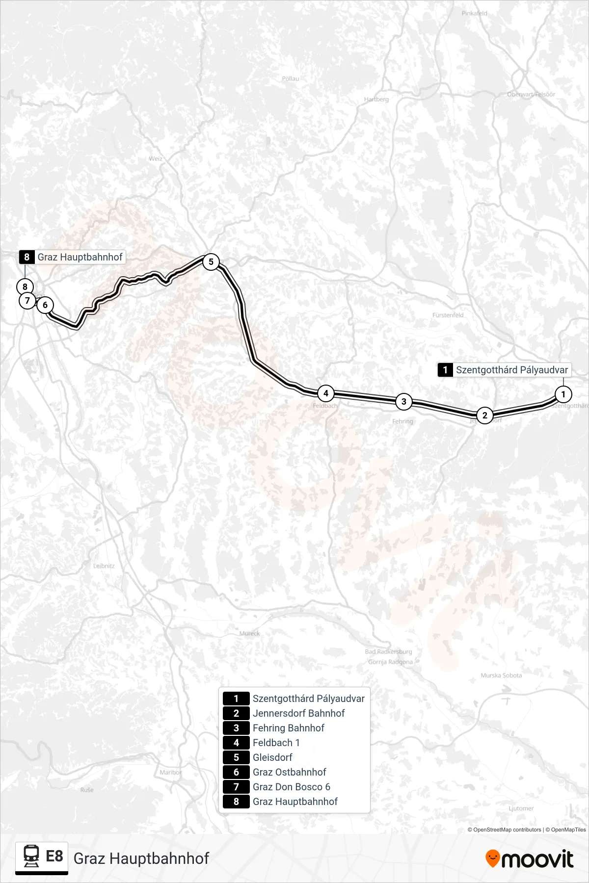 Linie E8 (Tram) Richtung Graz Hauptbahnhof: Route und Haltestellen auf der Karte