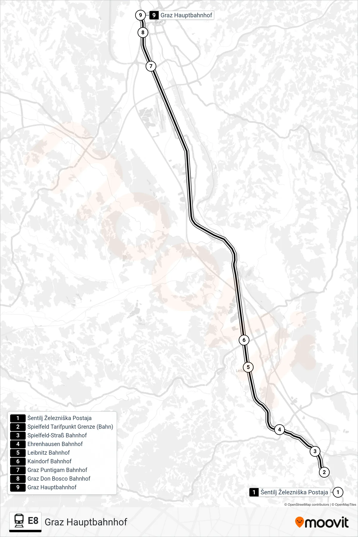 Linie E8 (Tram) Richtung Graz Hauptbahnhof: Route und Haltestellen auf der Karte