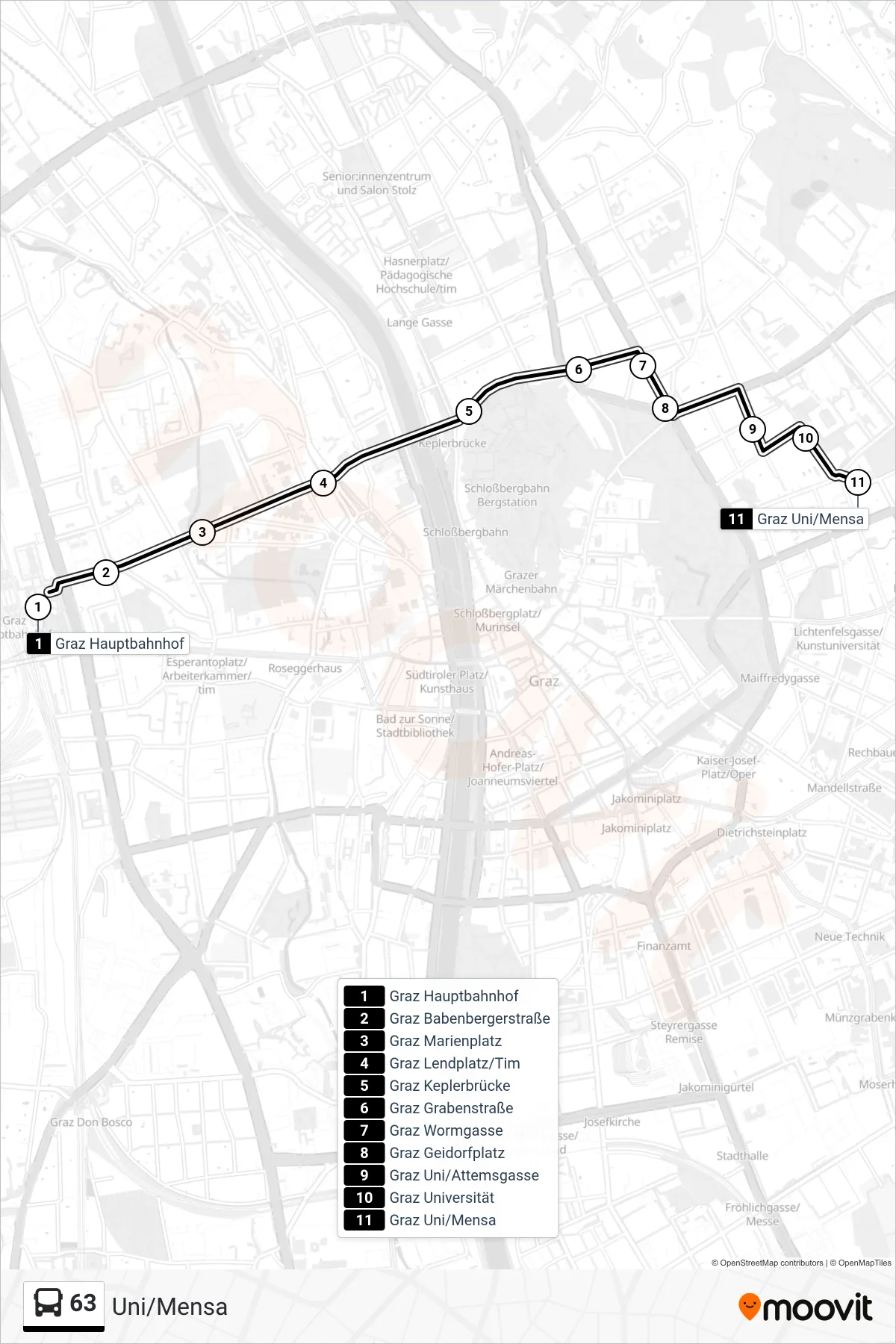 Linie 63 (Bus) Richtung Uni/Mensa: Route und Haltestellen auf der Karte