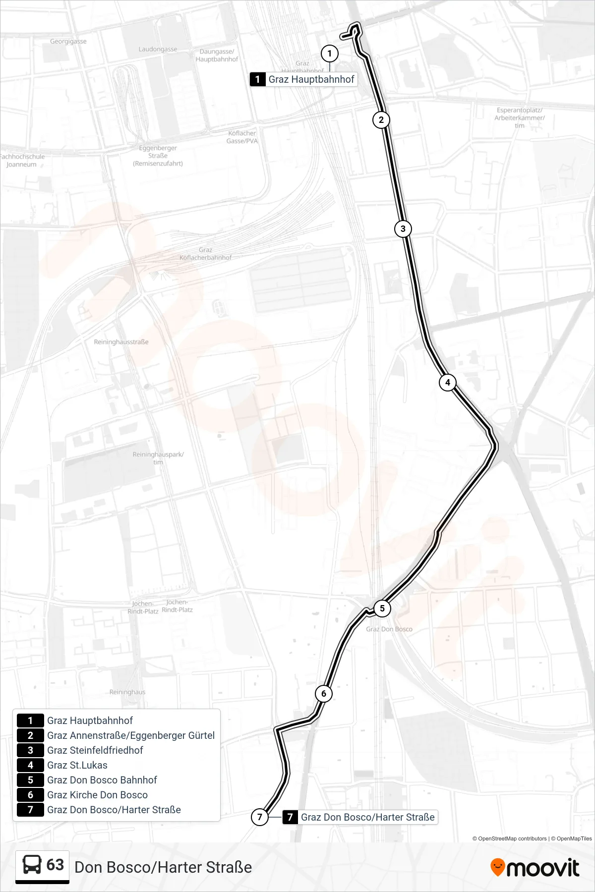 63 bus Line (Don Bosco/Harter Straße) route and stops on a map