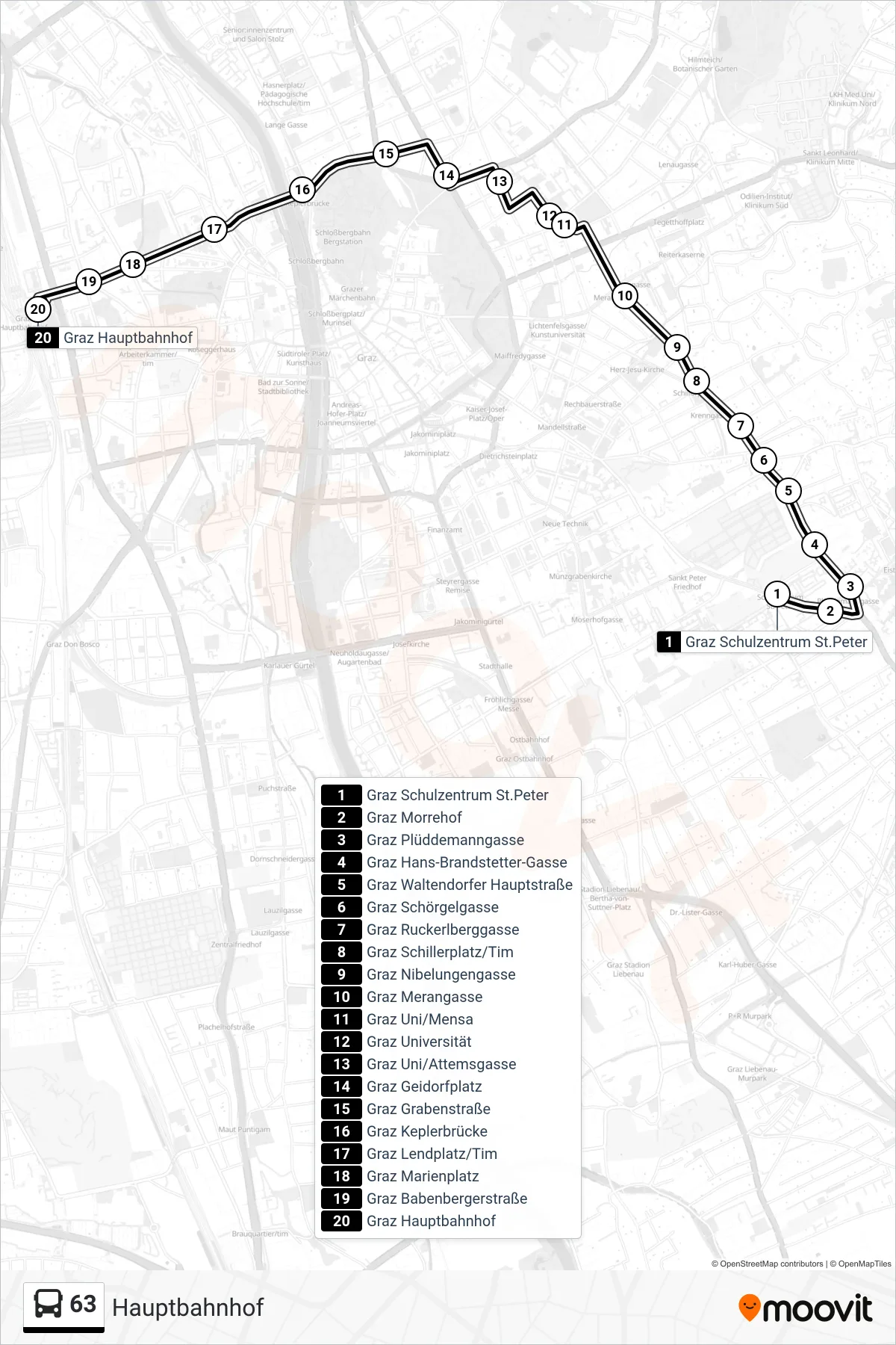 63 bus Line (Hauptbahnhof) route and stops on a map