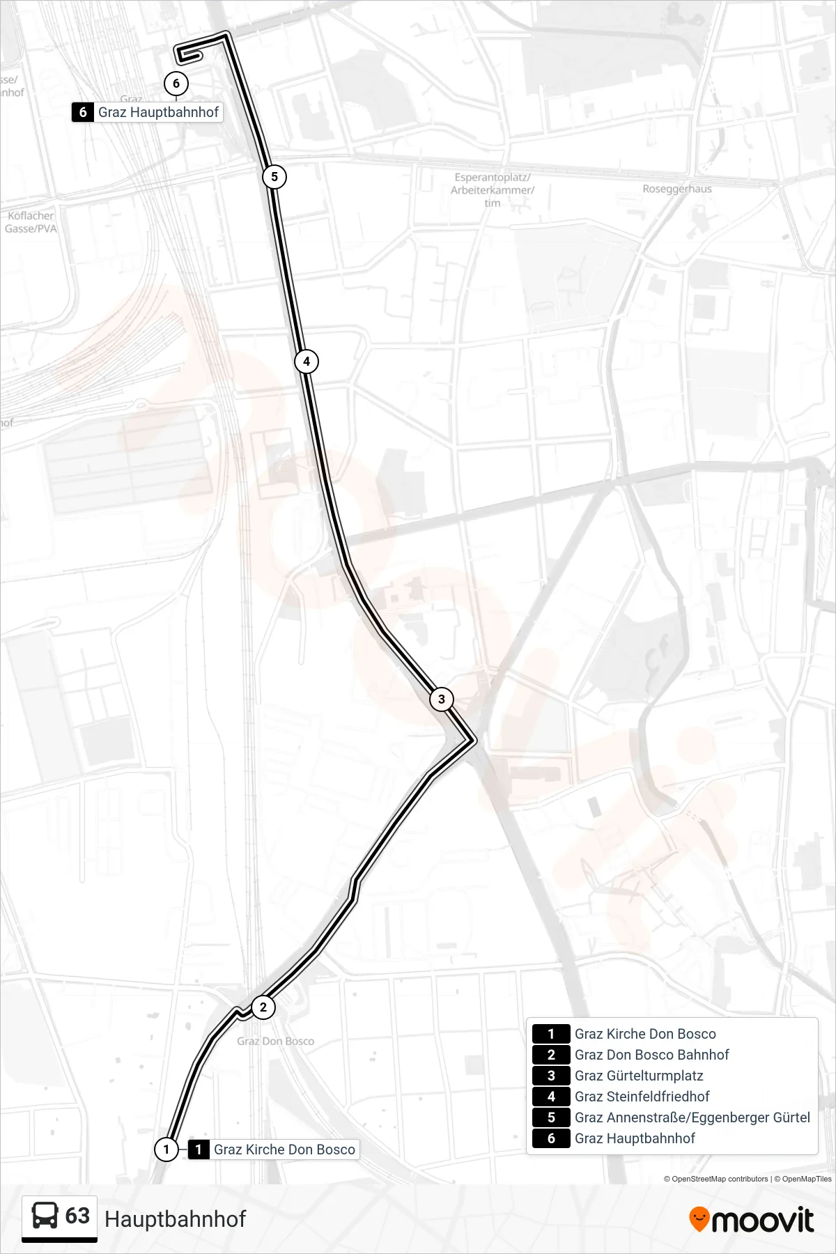 63 bus Line (Hauptbahnhof) route and stops on a map