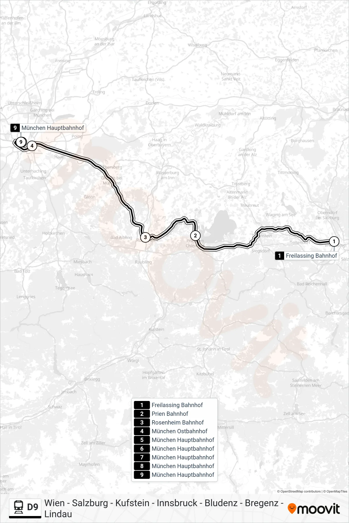 D9 rail Line (München Hauptbahnhof) route and stops on a map