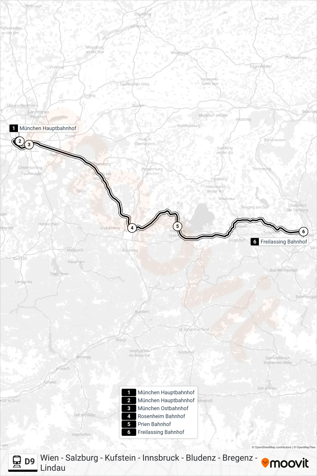 D9 train Line (Flughafen Wien Bahnhof) route and stops on a map