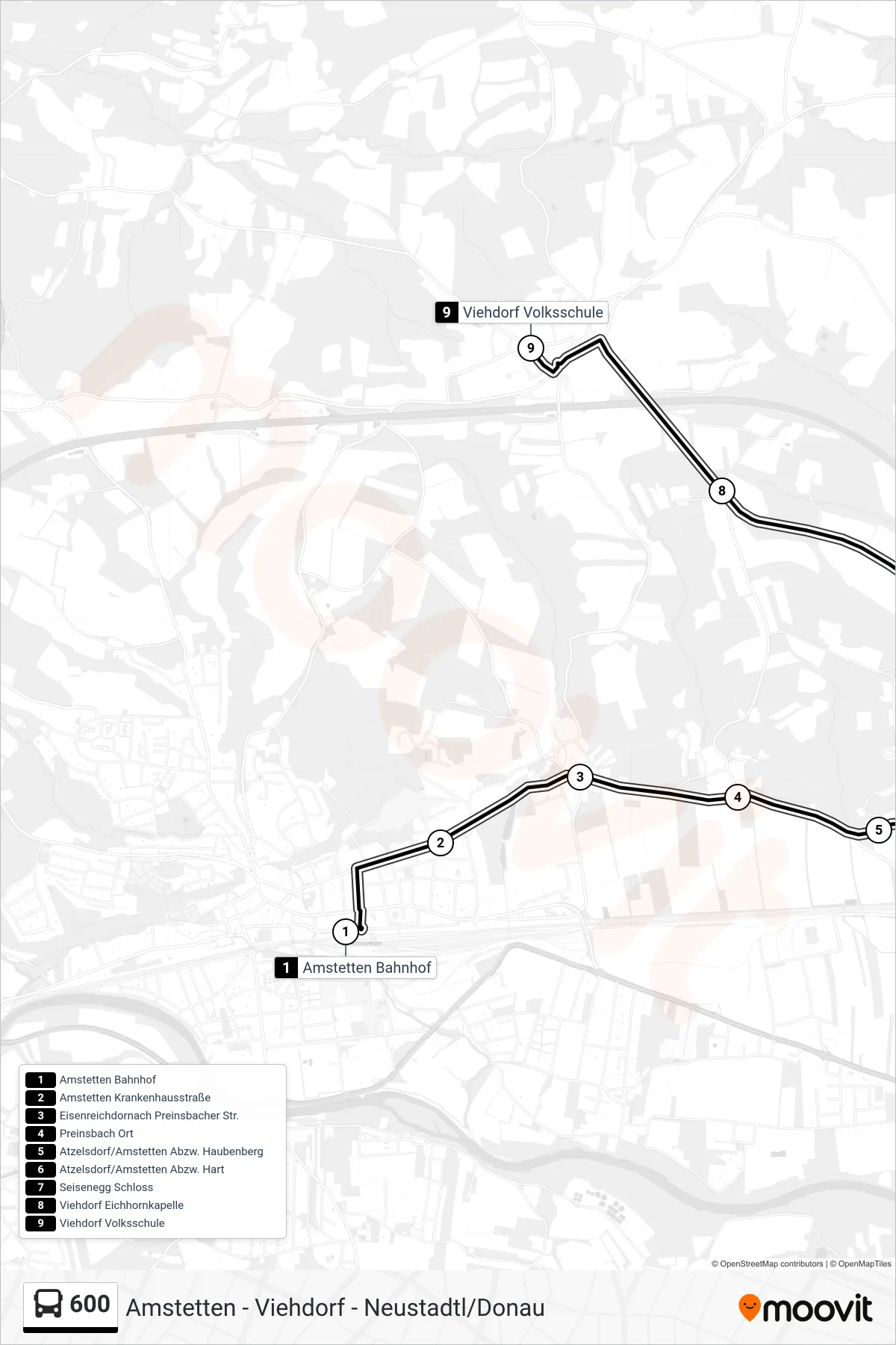 600 bus Line (Viehdorf Volksschule) route and stops on a map