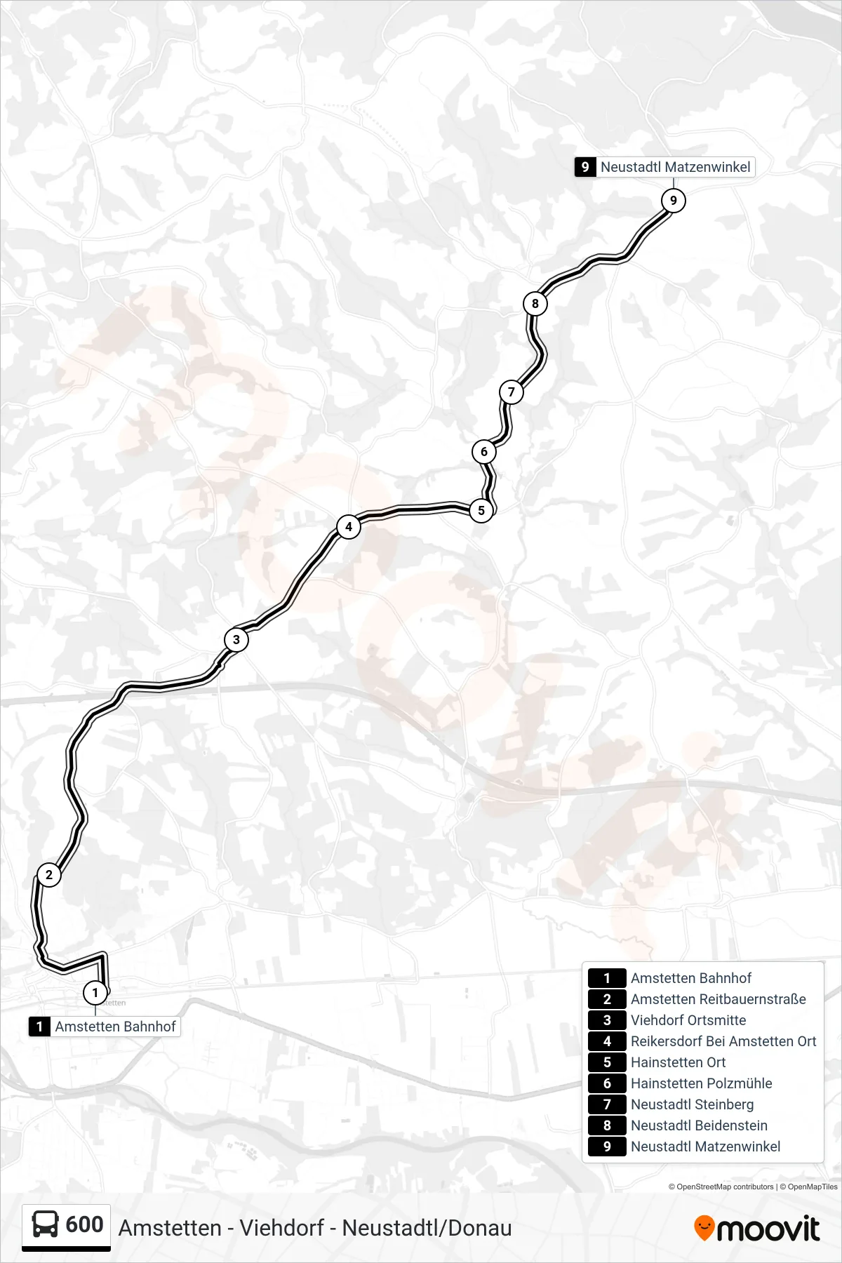 600 bus Line (Neustadtl Matzenwinkel) route and stops on a map