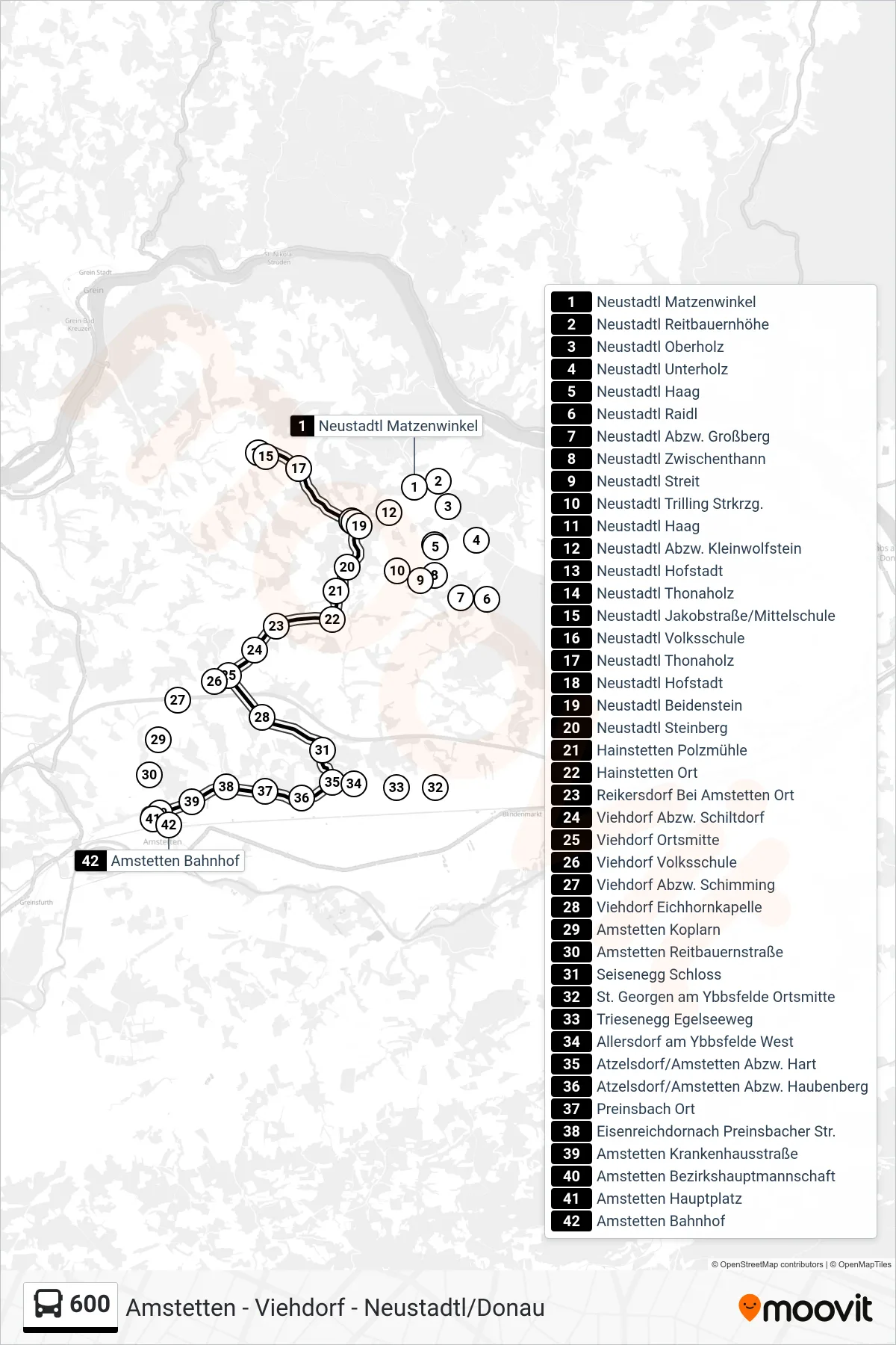 600 bus Line (Amstetten Bahnhof) route and stops on a map