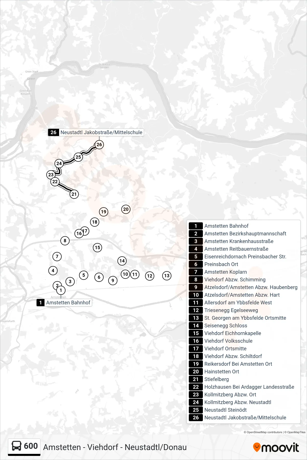 600 bus Line (Neustadtl Jakobstraße/Mittelschule) route and stops on a map