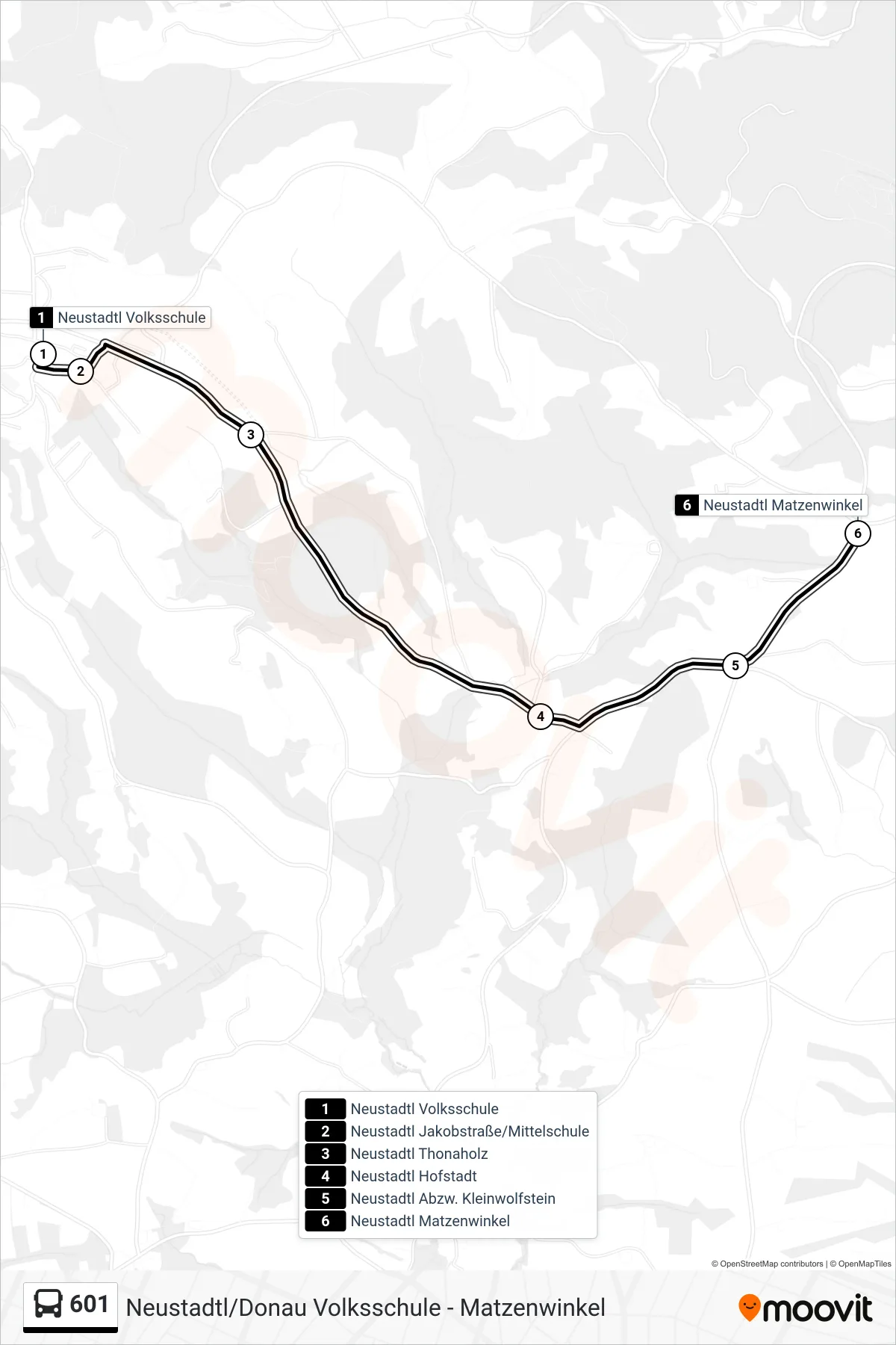 601 bus Line (Neustadtl Matzenwinkel) route and stops on a map